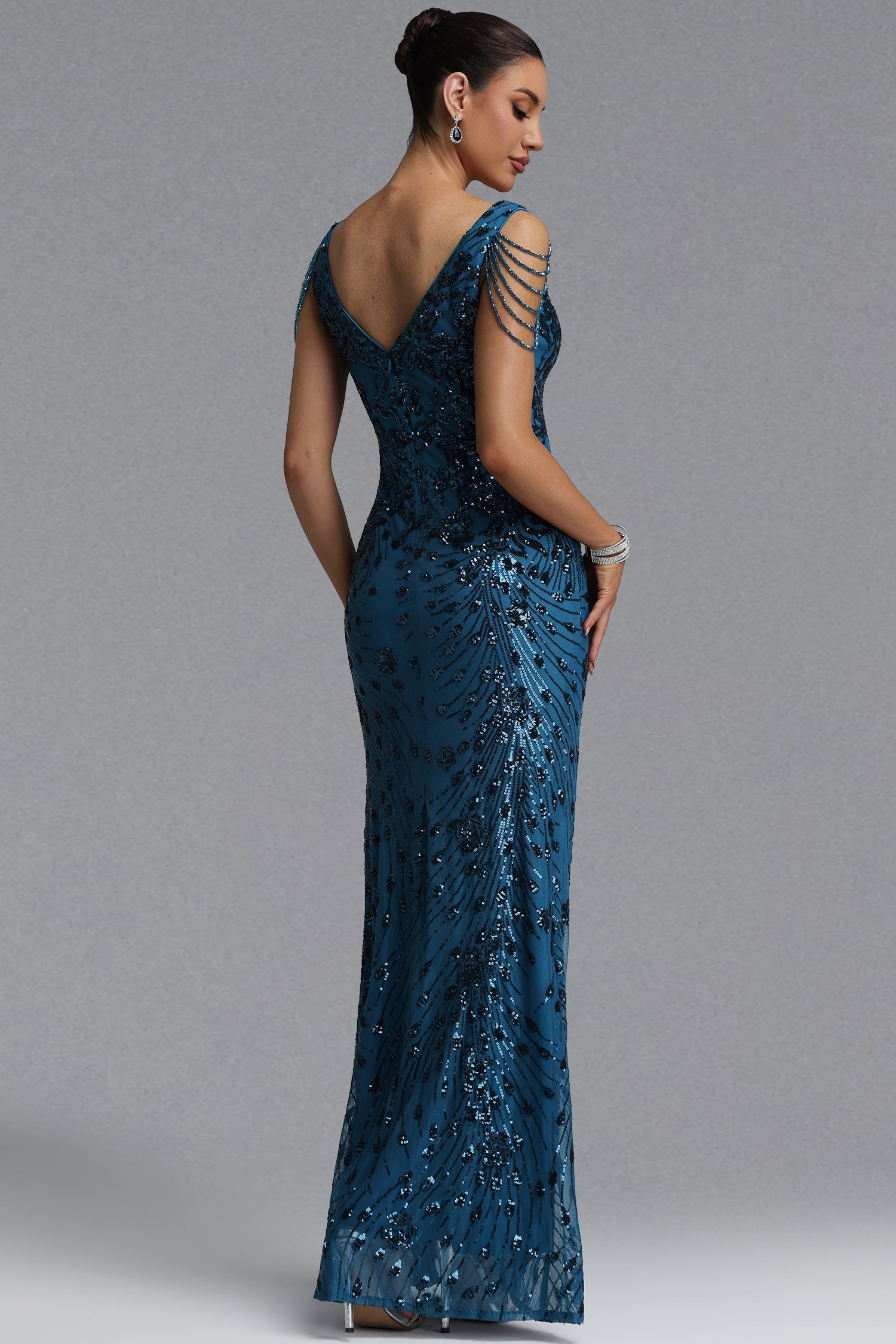 Gerianna Elegant Waist-Cinching Deep V Pearl Chain Tassel Floral Sequin Mesh Mermaid Maxi Evening Dress D260601435