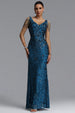 Gerianna Elegant Waist-Cinching Deep V Pearl Chain Tassel Floral Sequin Mesh Mermaid Maxi Evening Dress by Bella Barnett