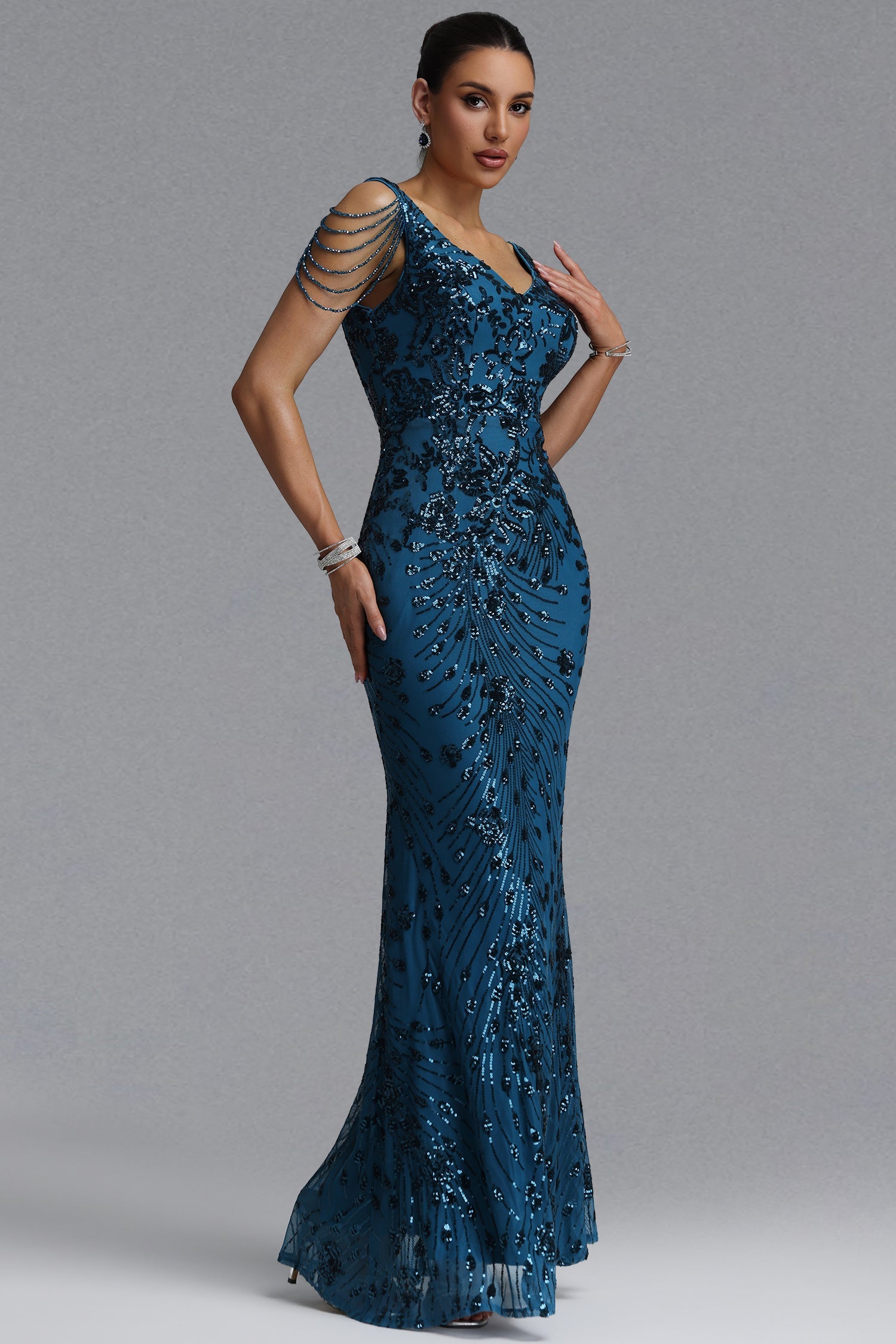 Gerianna Elegant Waist-Cinching Deep V Pearl Chain Tassel Floral Sequin Mesh Mermaid Maxi Evening Dress D260601435