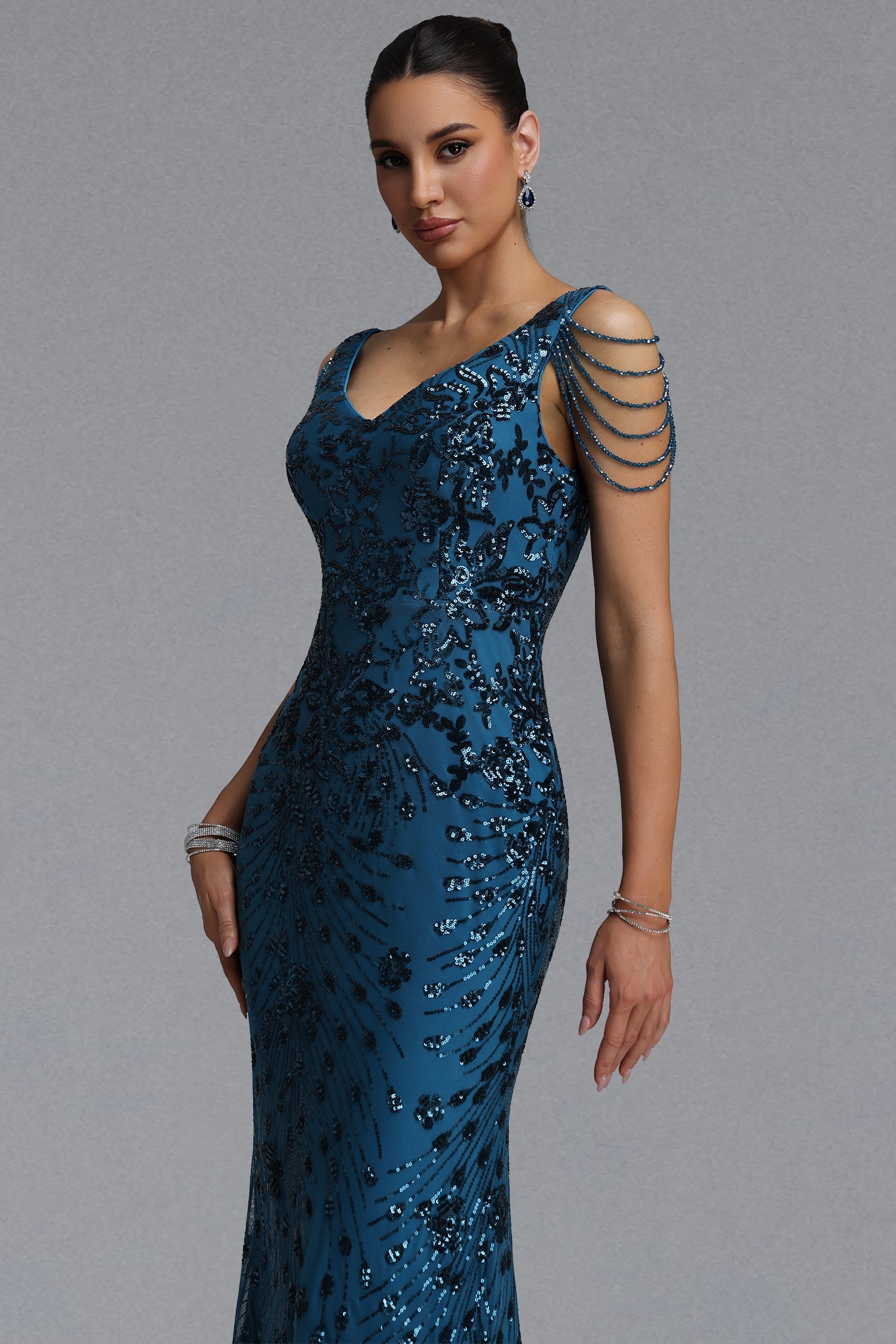 Gerianna Elegant Waist-Cinching Deep V Pearl Chain Tassel Floral Sequin Mesh Mermaid Maxi Evening Dress D260601435