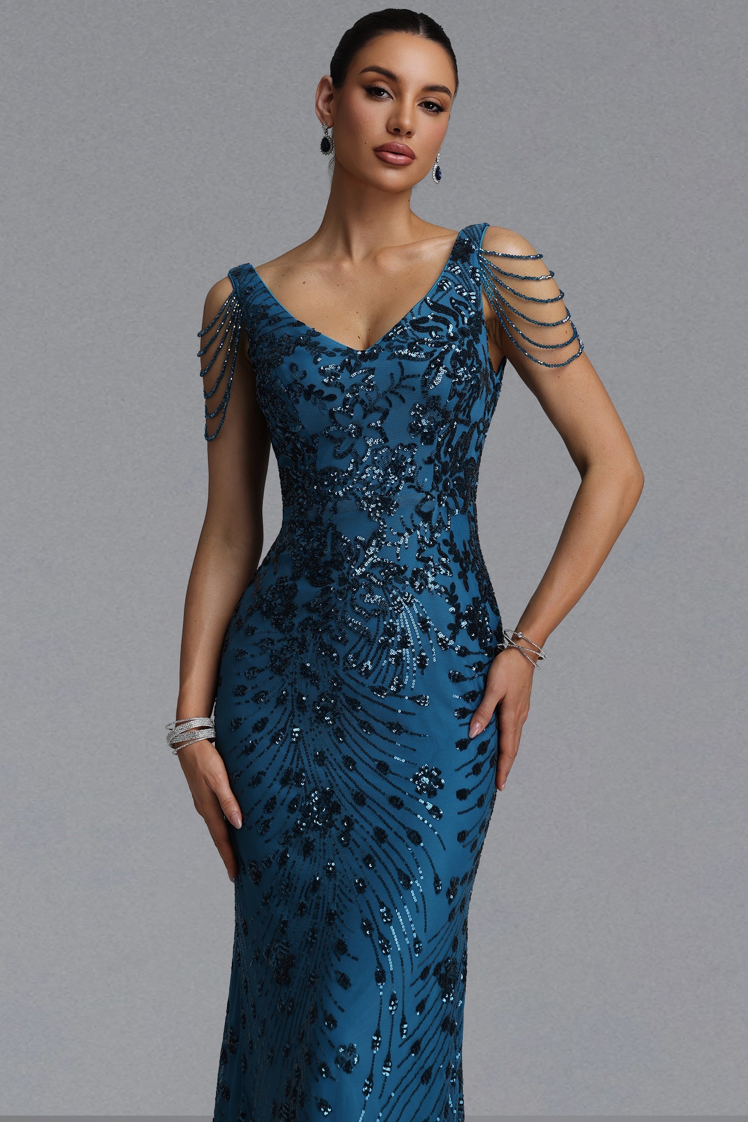 Gerianna Elegant Waist-Cinching Deep V Pearl Chain Tassel Floral Sequin Mesh Mermaid Maxi Evening Dress D260601435