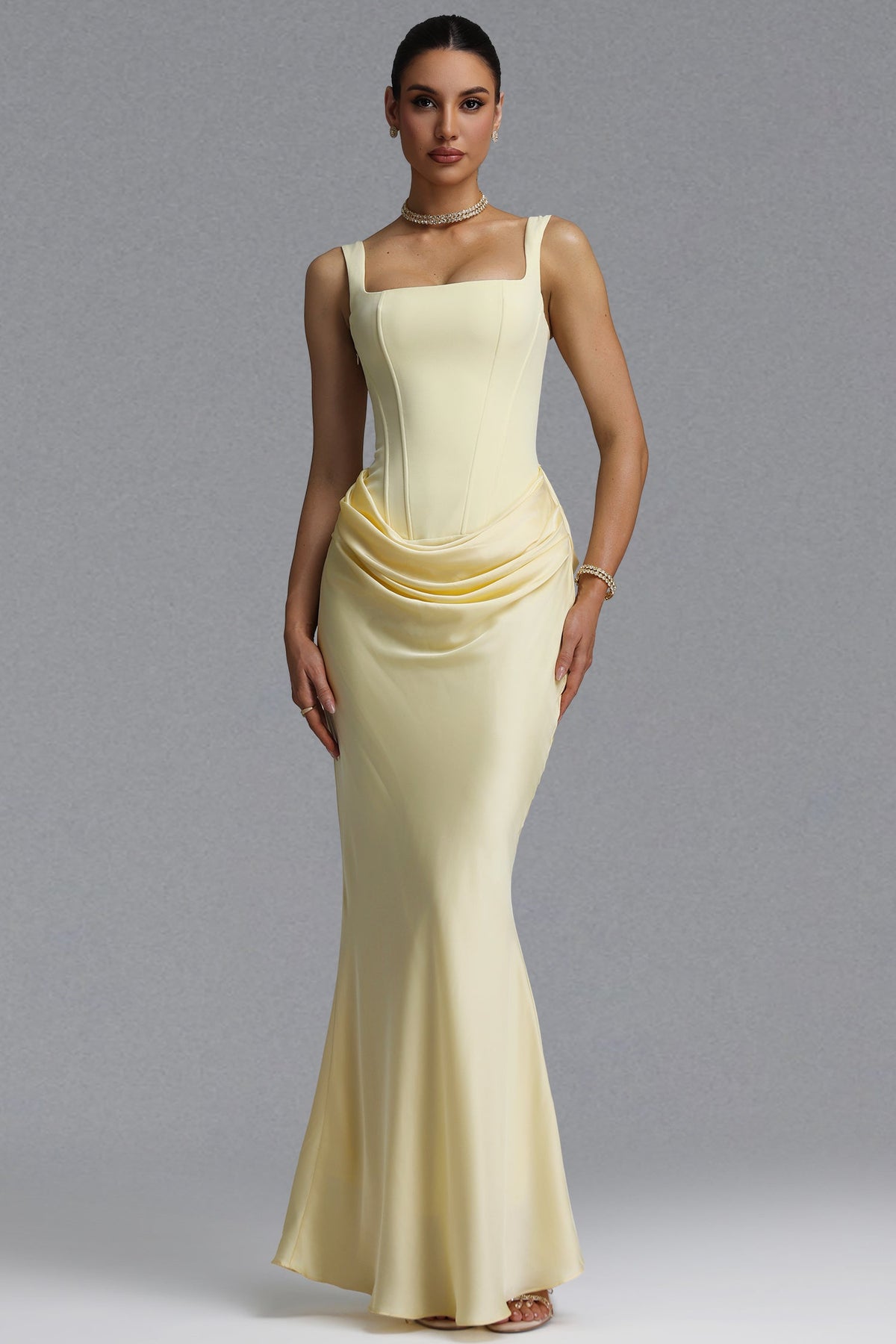 Winey Elegant Waist-Cinching Square Neck Thin Strap Boned Fitted Draped Ruched Satin Mermaid Maxi Evening Dress D260601431