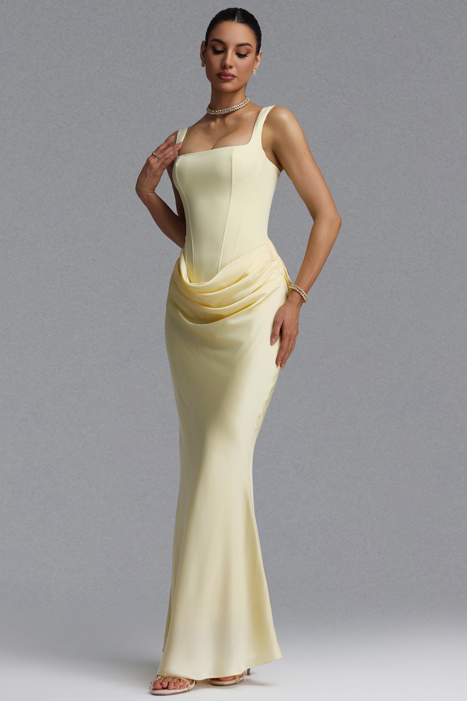 Winey Elegant Waist-Cinching Square Neck Thin Strap Boned Fitted Draped Ruched Satin Mermaid Maxi Evening Dress D260601431