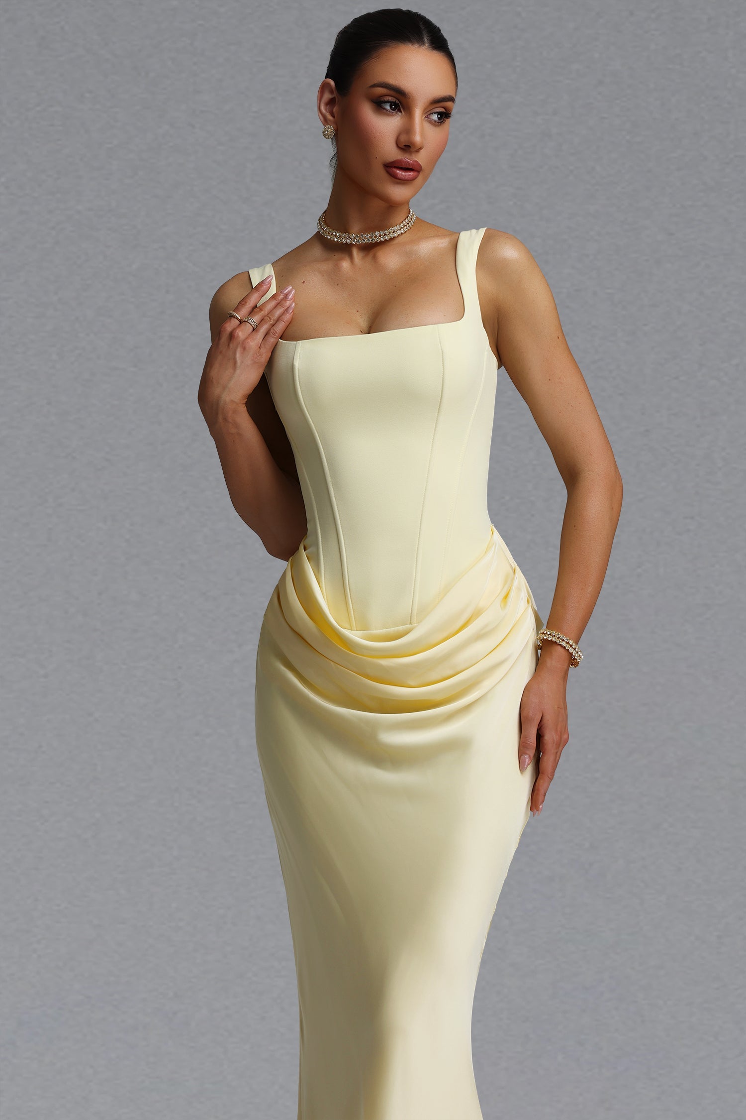 Winey Elegant Waist-Cinching Square Neck Thin Strap Boned Fitted Draped Ruched Satin Mermaid Maxi Evening Dress D260601431