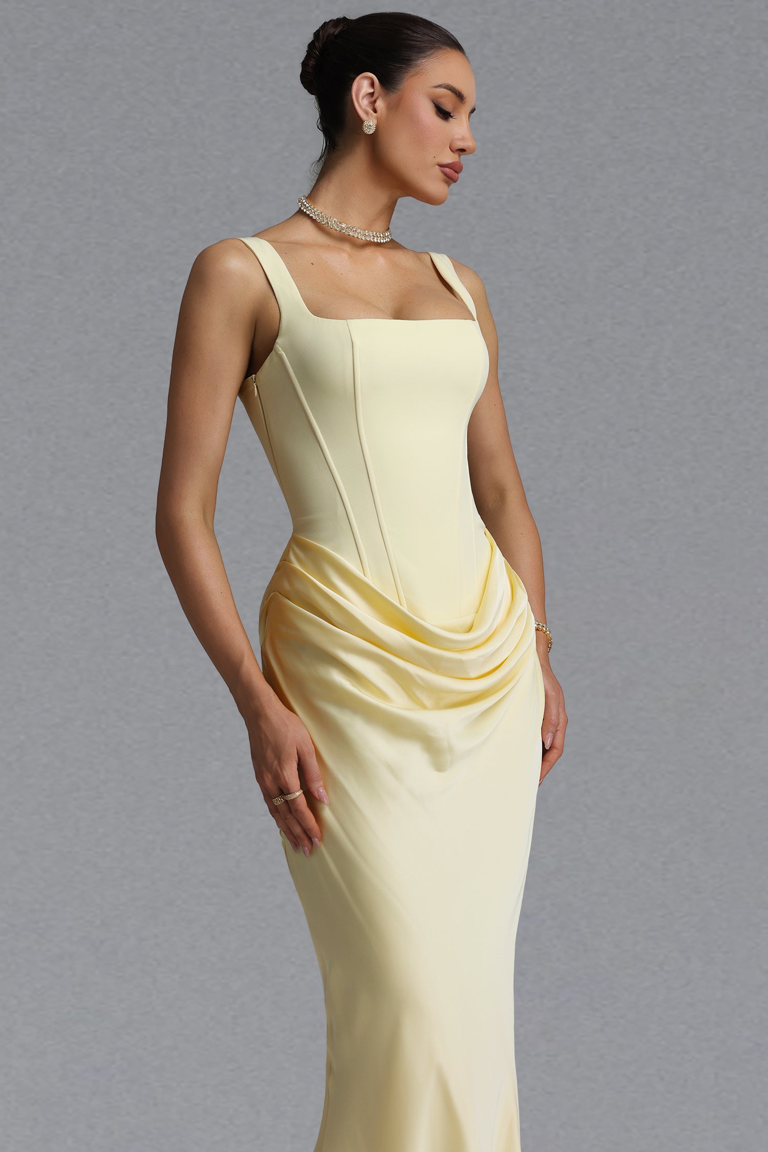 Winey Elegant Waist-Cinching Square Neck Thin Strap Boned Fitted Draped Ruched Satin Mermaid Maxi Evening Dress D260601431