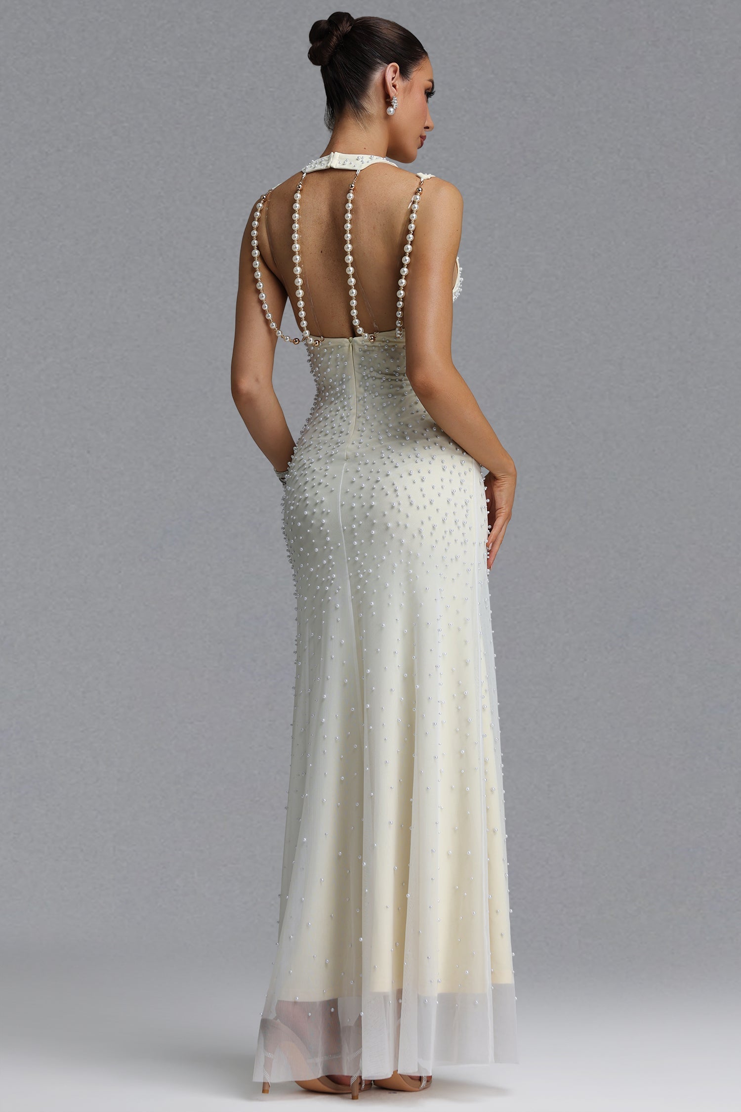 Dilara Elegant Slim Sleeveless Cutout Shoulder All Over Pearl Mesh Mermaid Maxi Evening Dress D260601404