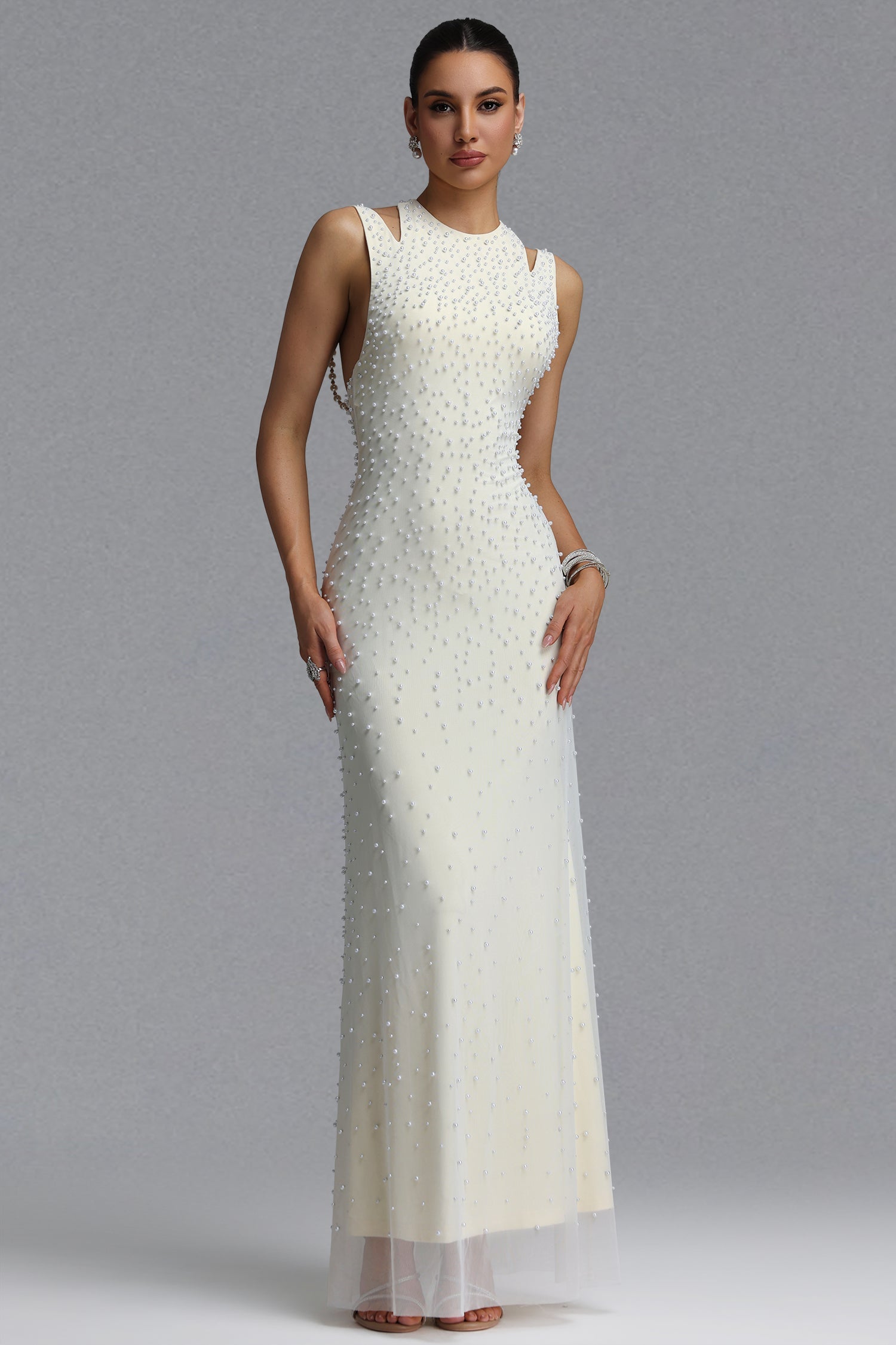 Dilara Elegant Slim Sleeveless Cutout Shoulder All Over Pearl Mesh Mermaid Maxi Evening Dress D260601404