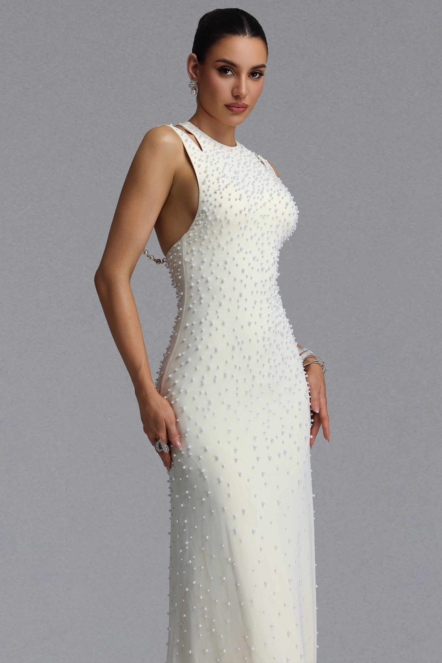 Dilara Elegant Slim Sleeveless Cutout Shoulder All Over Pearl Mesh Mermaid Maxi Evening Dress D260601404
