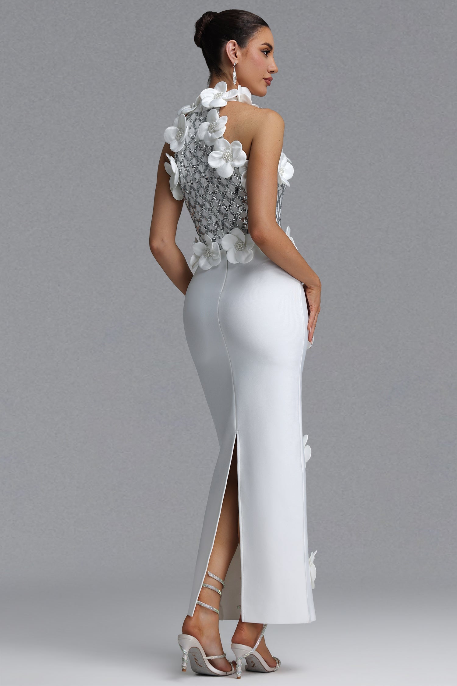 Jacqueline Gorgeous Slim Pearl Floral Bandage Beige White Maxi Evening Dress D260601448