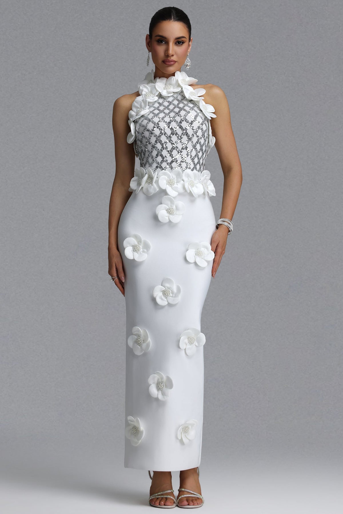 Jacqueline Gorgeous Slim Pearl Floral Bandage Beige White Maxi Evening Dress D260601448