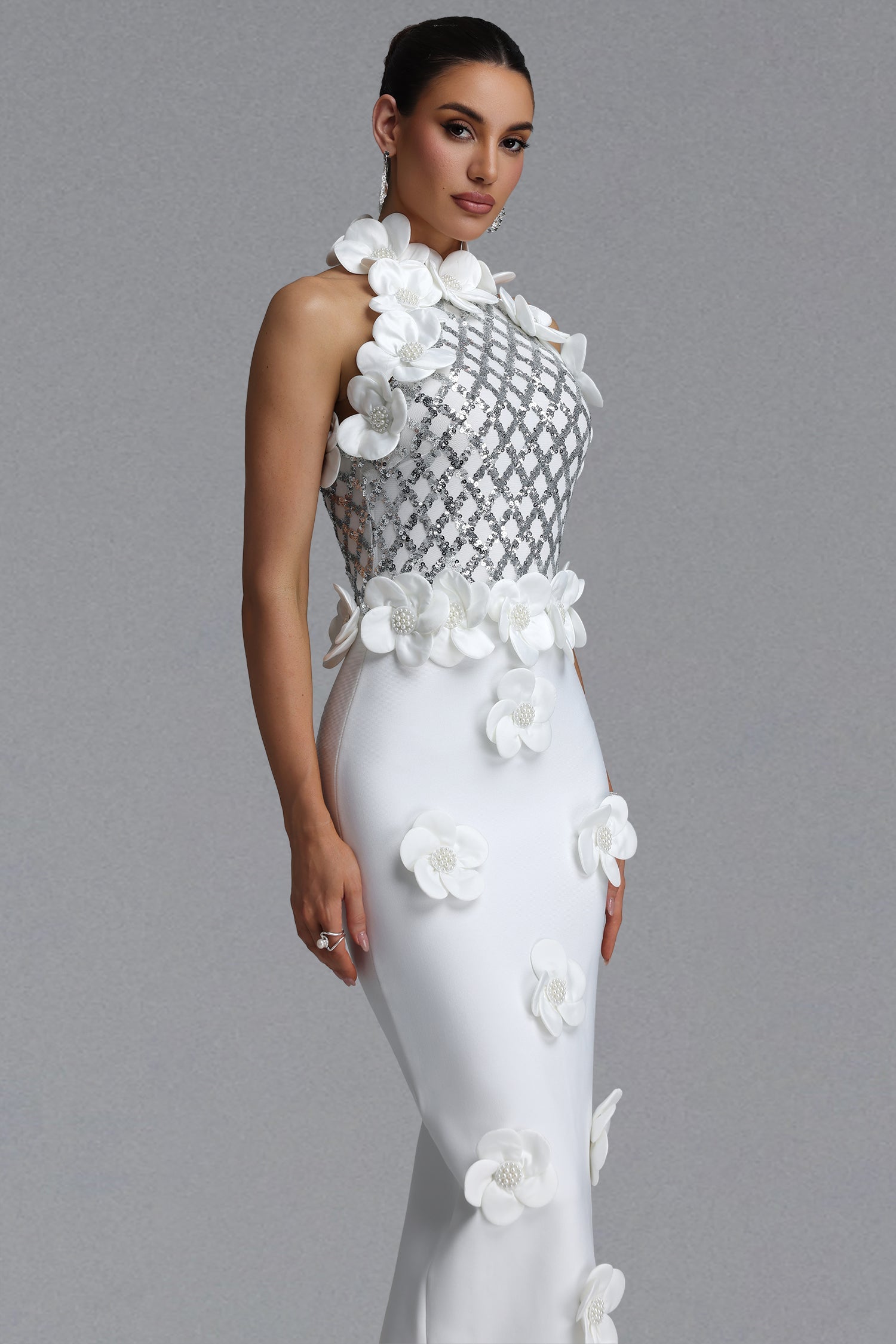 Jacqueline Gorgeous Slim Pearl Floral Bandage Beige White Maxi Evening Dress D260601448