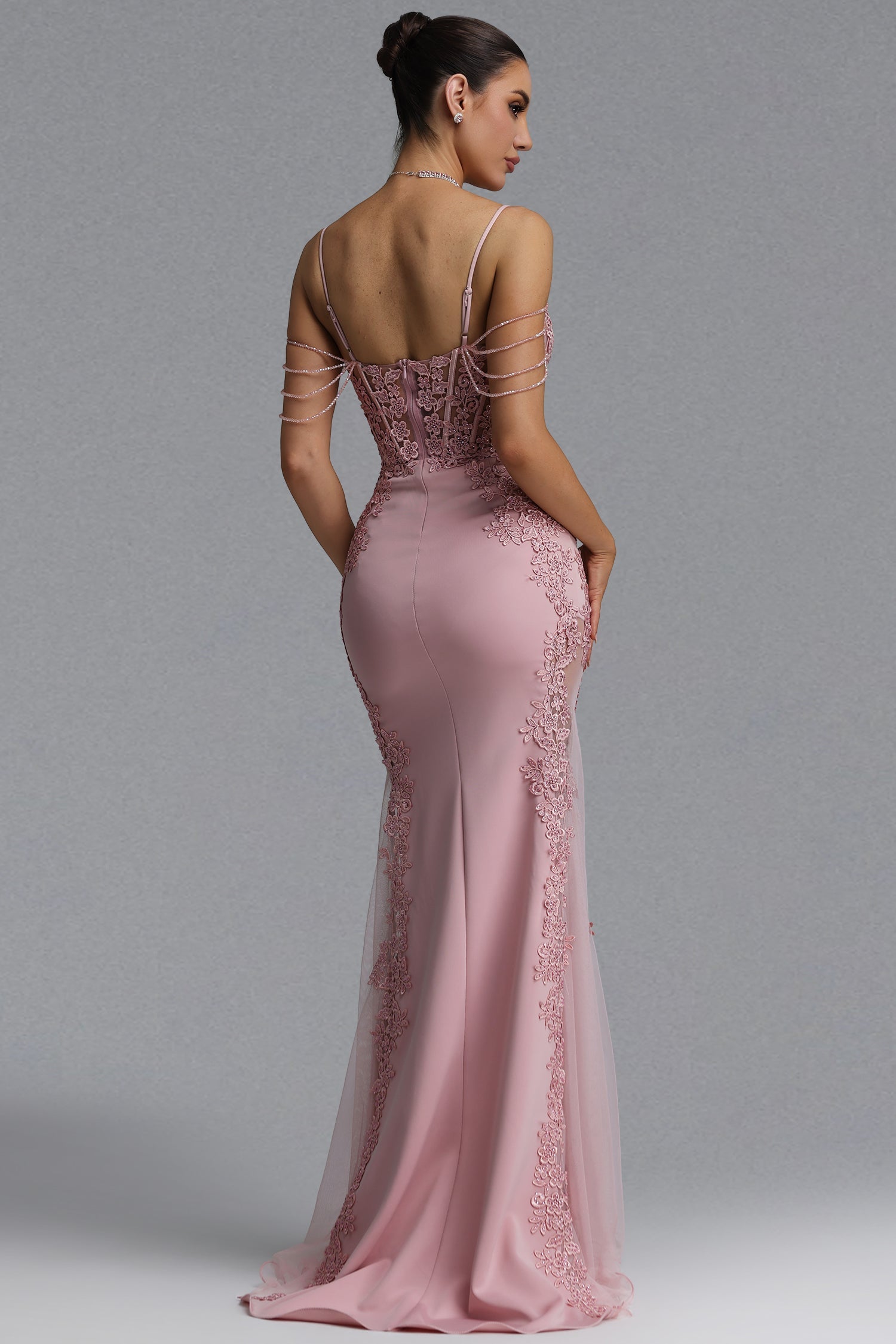 Encho Elegant Waist-Cinching Thin Strap V-Neck Off-Shoulder Tassel Lace Floral Mesh Bodycon Mermaid Maxi Evening Dress D260601424