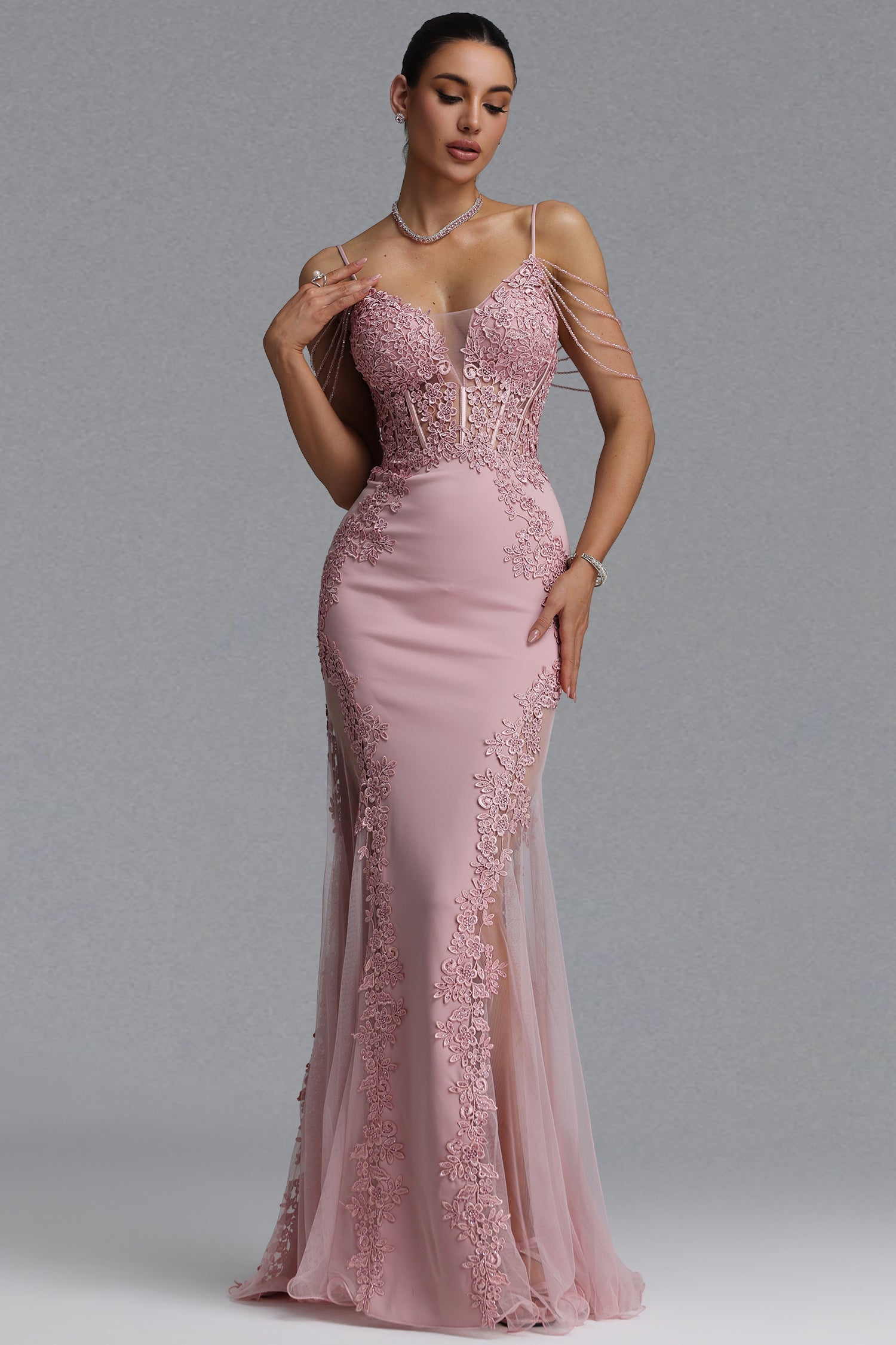 Encho Elegant Waist-Cinching Thin Strap V-Neck Off-Shoulder Tassel Lace Floral Mesh Bodycon Mermaid Maxi Evening Dress D260601424