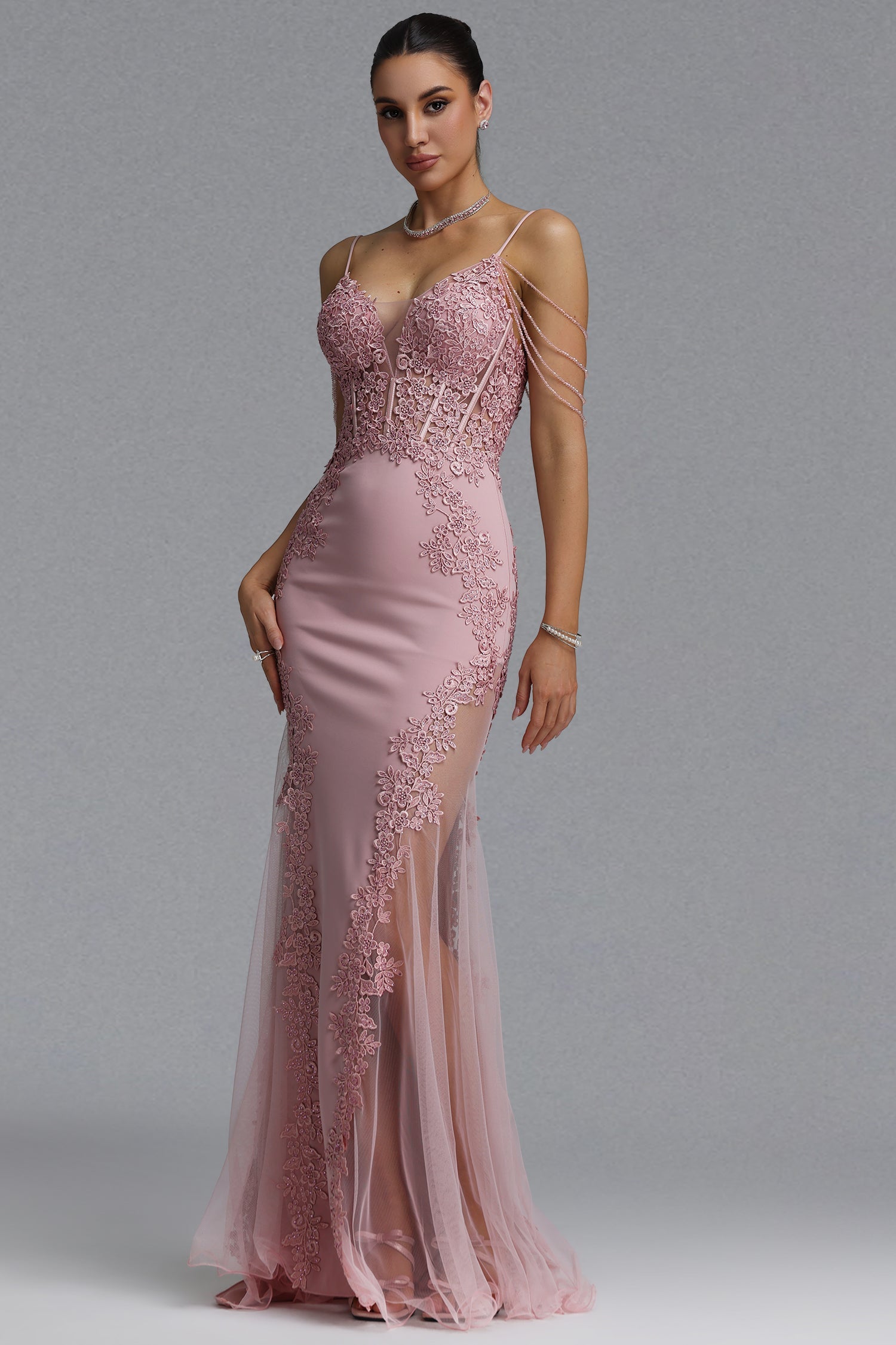 Encho Elegant Waist-Cinching Thin Strap V-Neck Off-Shoulder Tassel Lace Floral Mesh Bodycon Mermaid Maxi Evening Dress D260601424