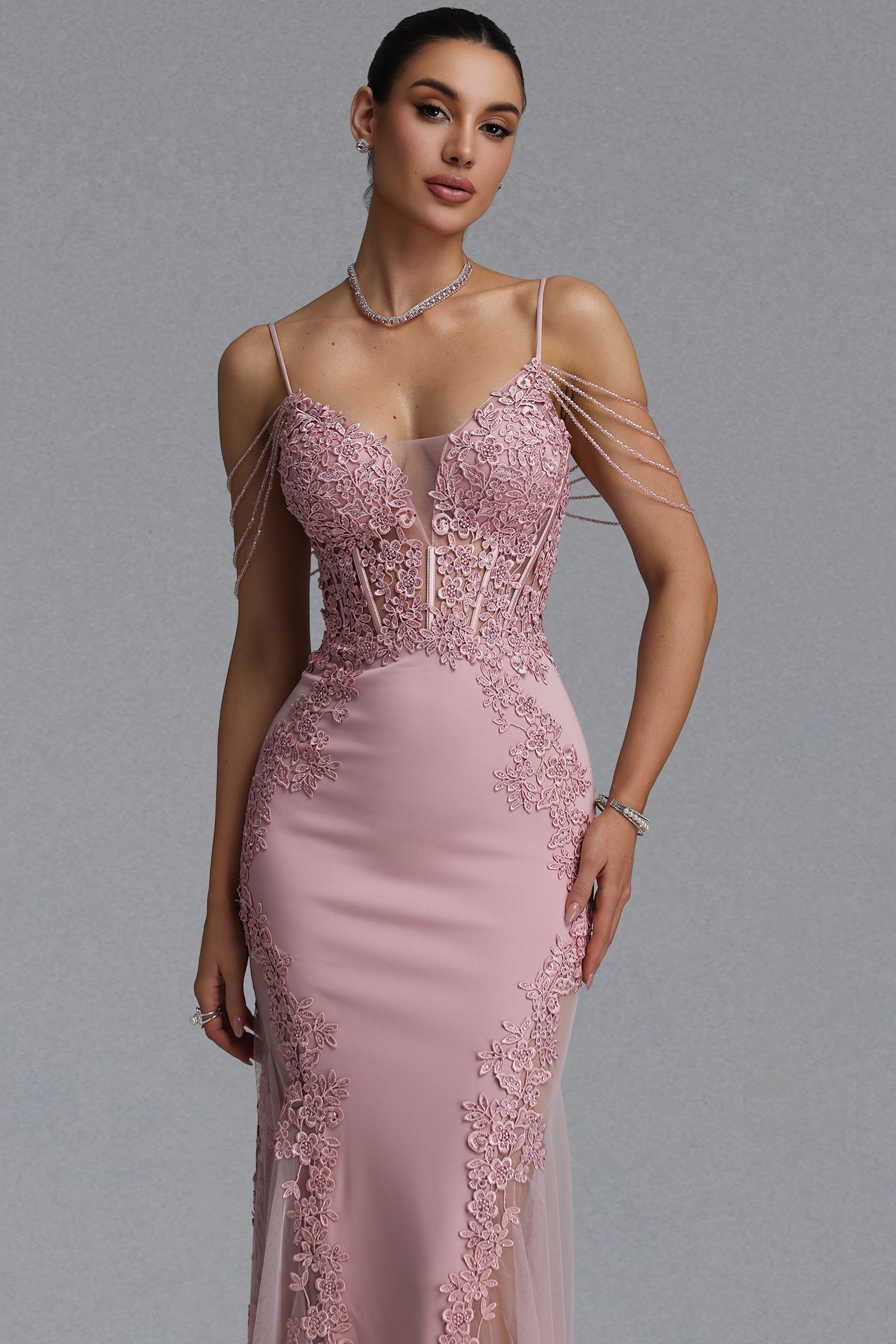 Encho Elegant Waist-Cinching Thin Strap V-Neck Off-Shoulder Tassel Lace Floral Mesh Bodycon Mermaid Maxi Evening Dress D260601424