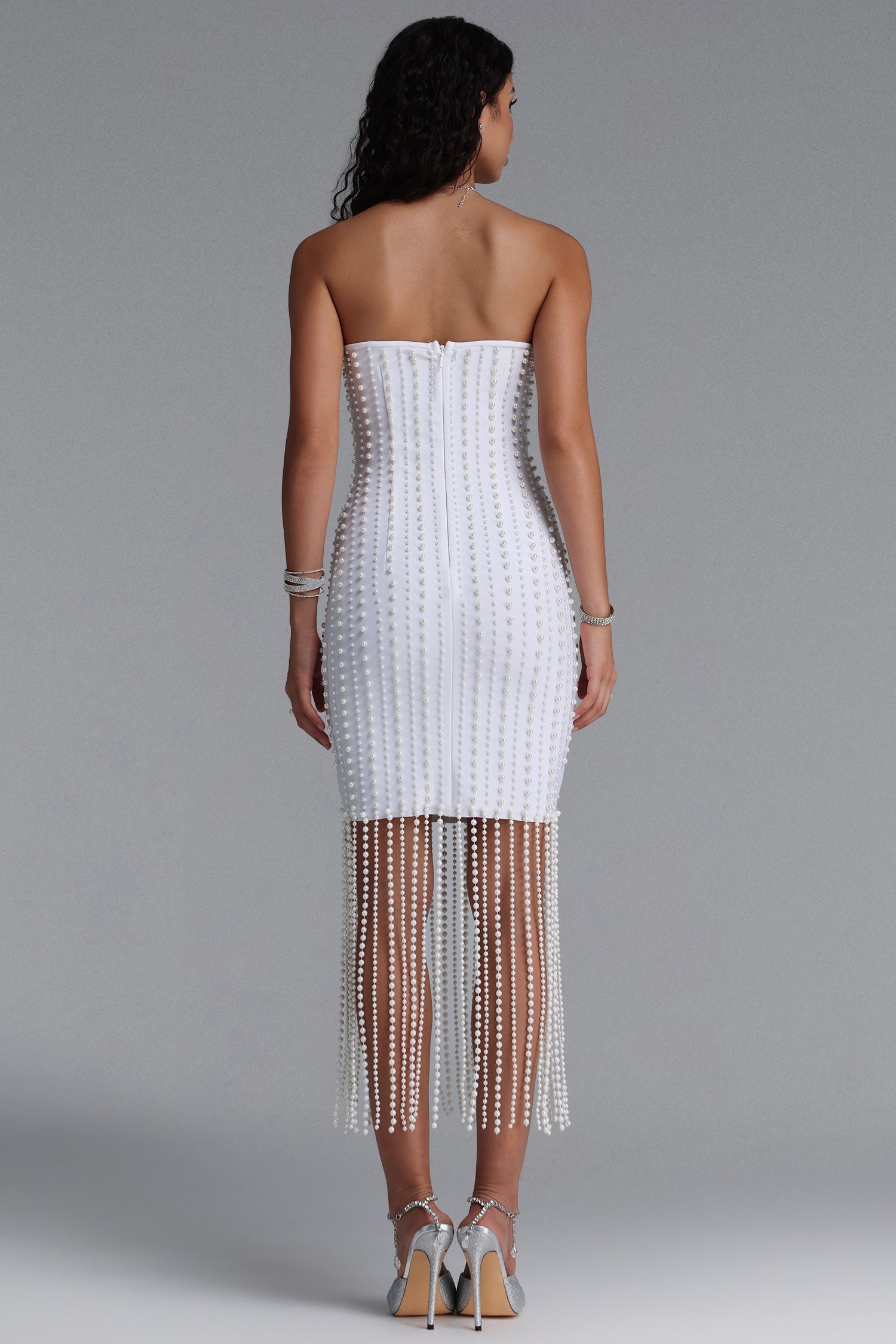 Sparkly Luxury Strapless Pearl Fringe Bandage White Midi Dress D260601511