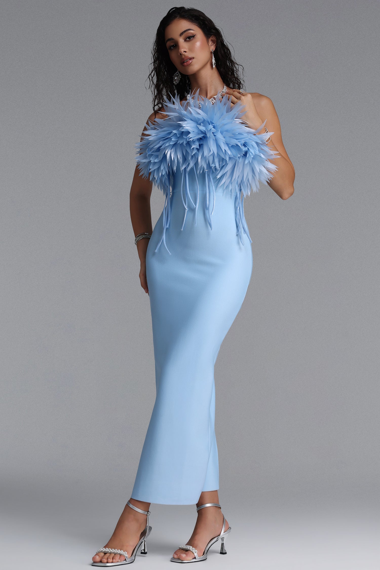 Wenie Gentle Feather Off Shoulder Tassel Bandage Maxi Dress D260601548