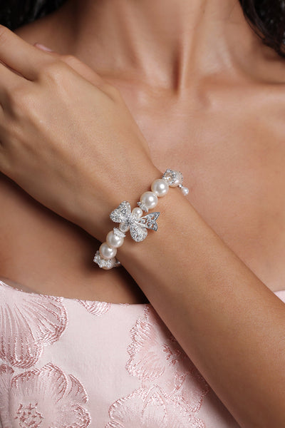 White - Jilly Diamond Bow Pearl Bracelet by Bella Barnett