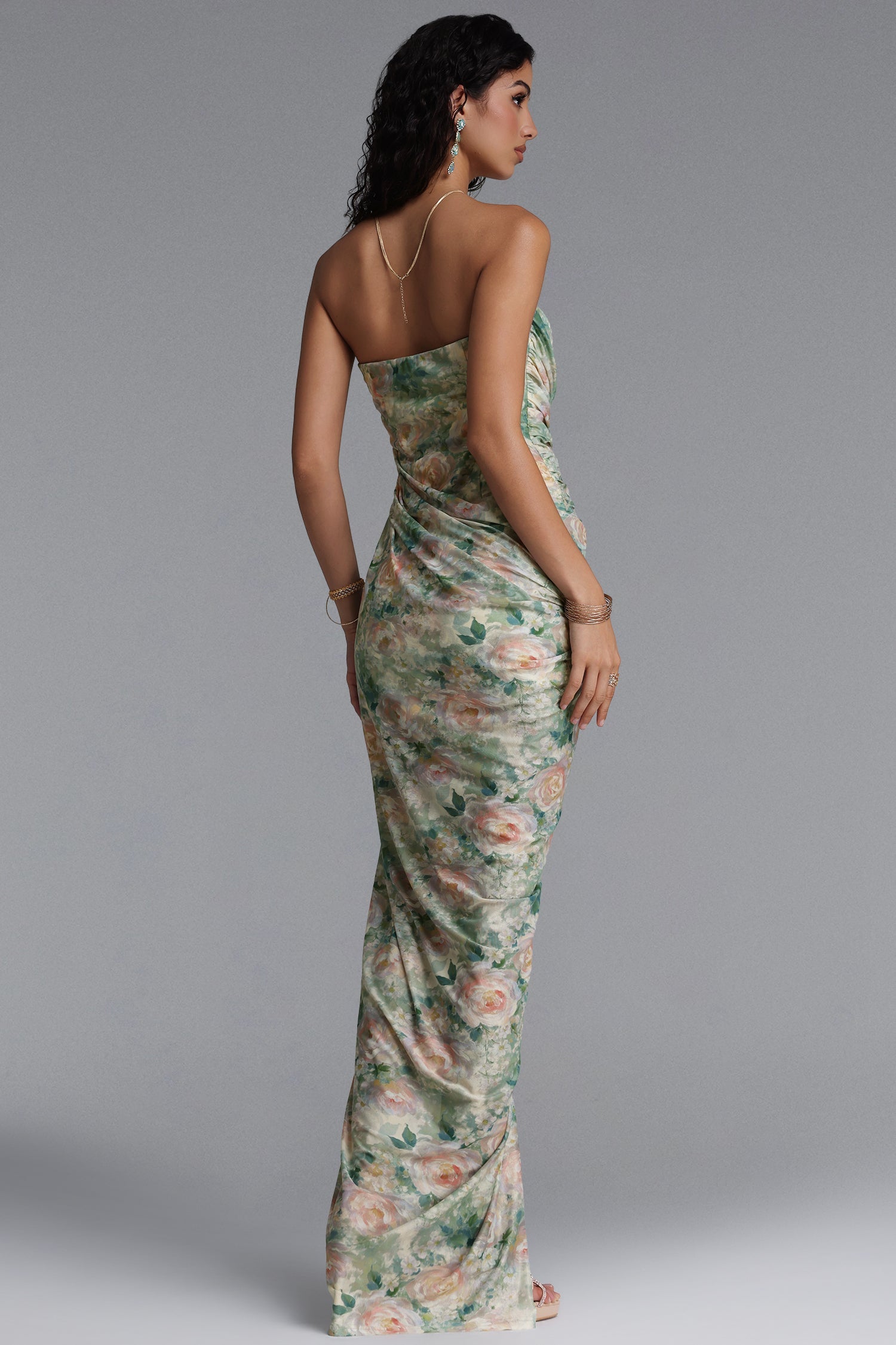Vinly Romantic Contour Strapless High Slit Ruched Floral Print Mesh Maxi Dress D260304107