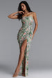 Vinly Romantic Contour Strapless High Slit Ruched Floral Print Mesh Maxi Dress by Bella Barnett