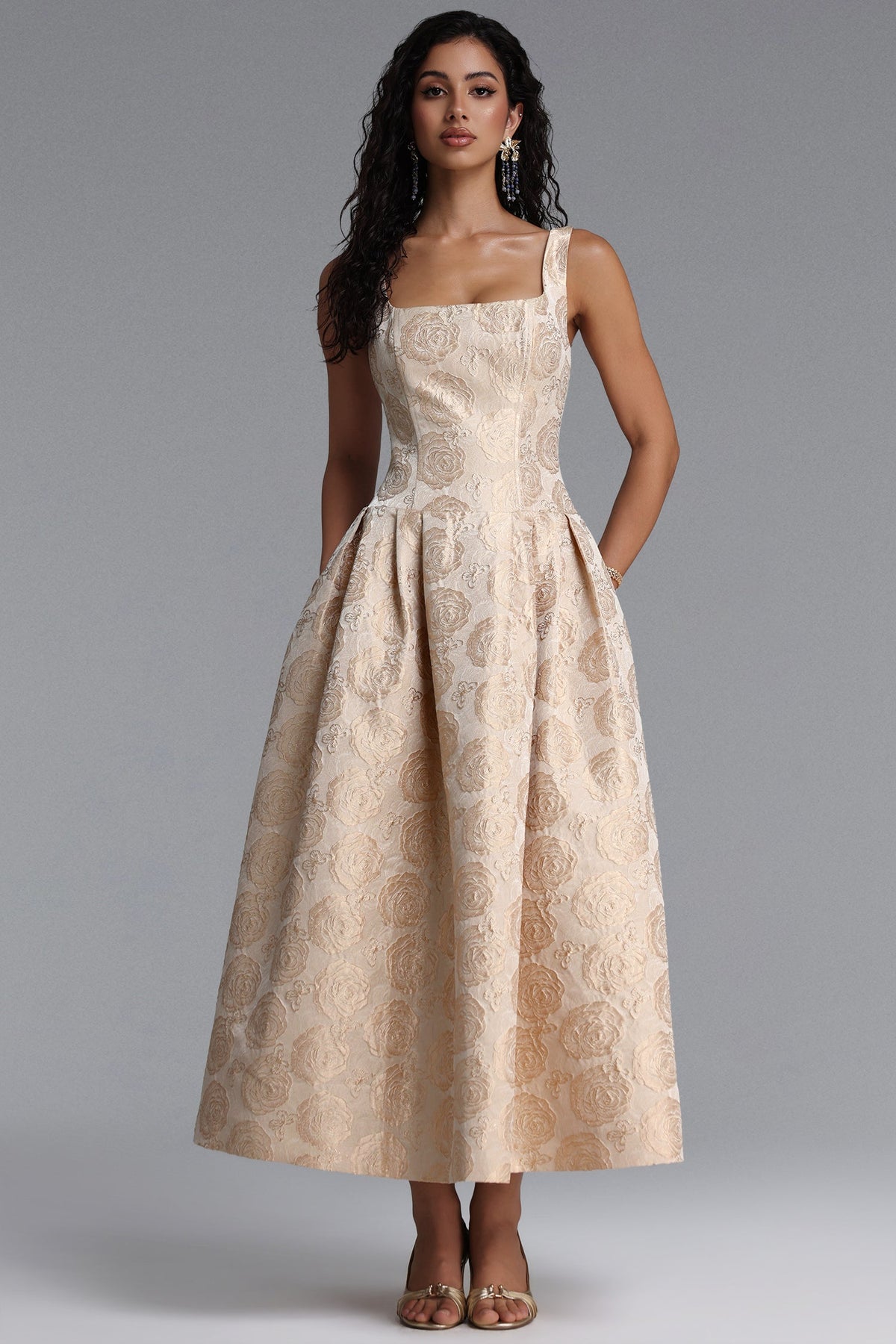 Rahel Classic Tailored Square Neck Floral Jacquard Woven Maxi Dress D260205101