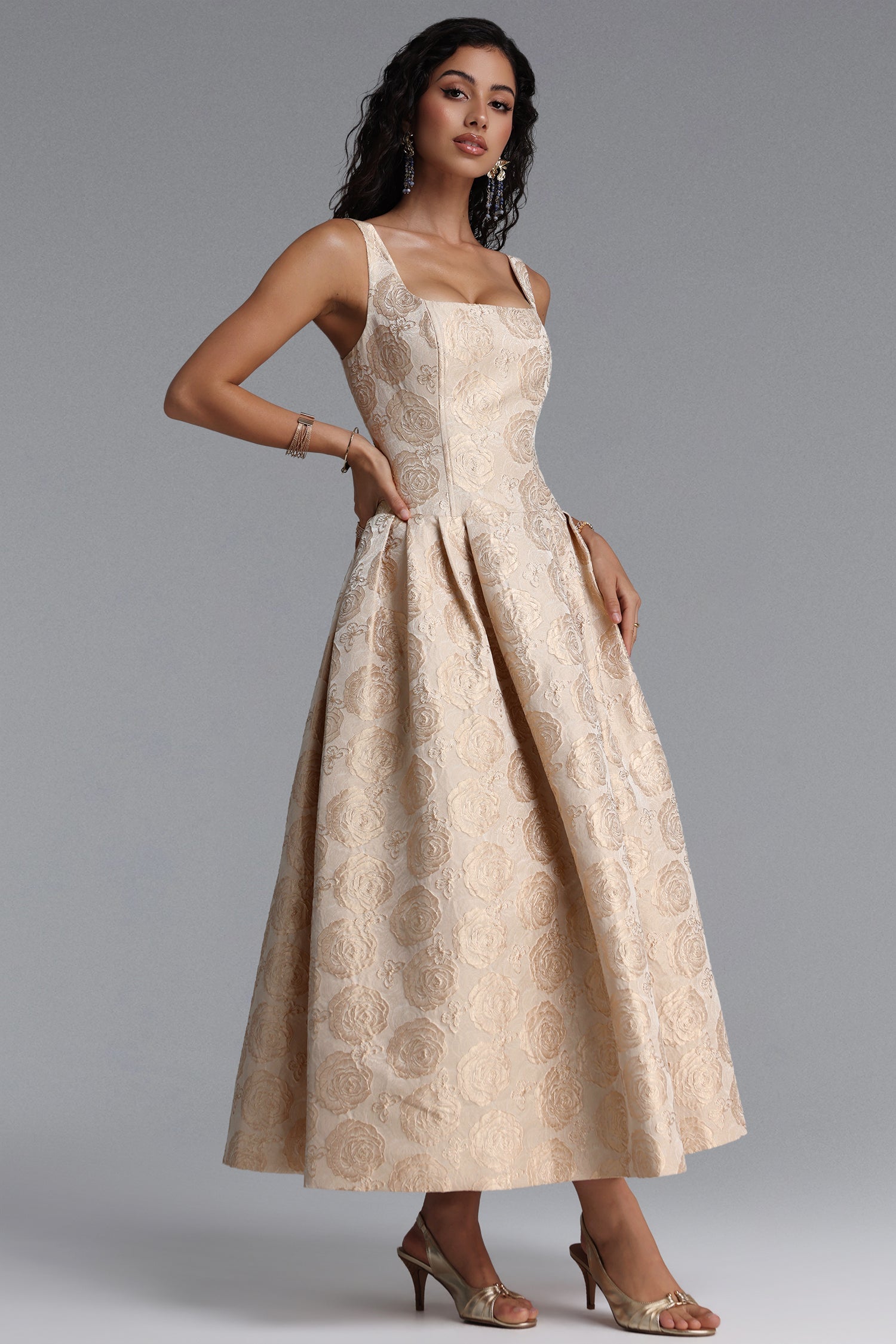 Rahel Classic Tailored Square Neck Floral Jacquard Woven Maxi Dress D260205101