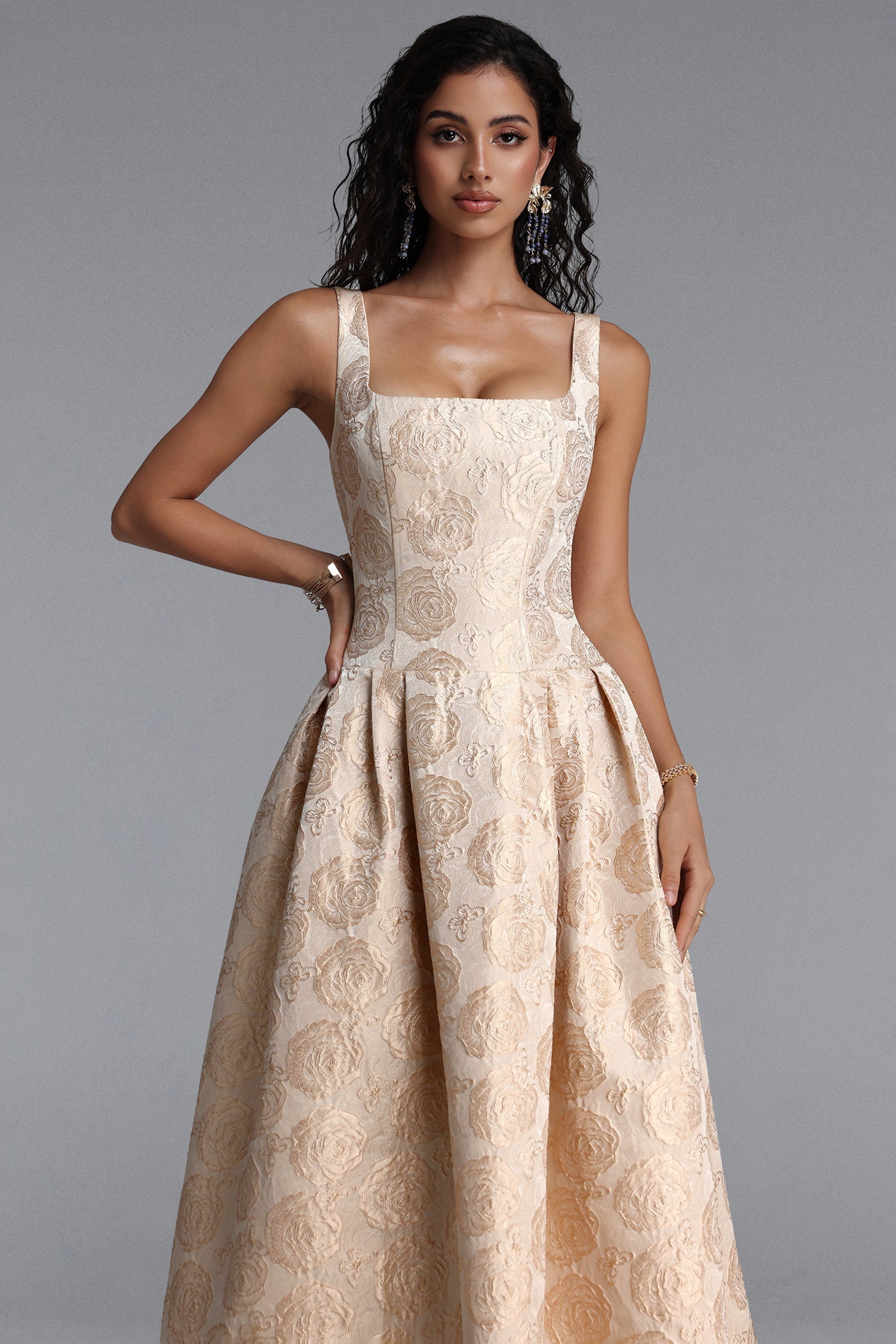 Rahel Classic Tailored Square Neck Floral Jacquard Woven Maxi Dress D260205101