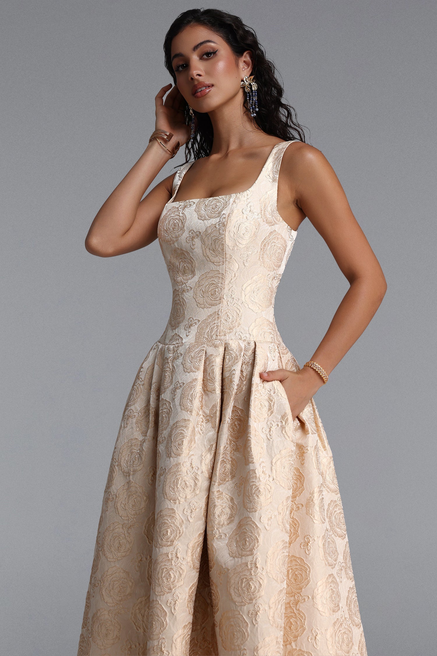 Rahel Classic Tailored Square Neck Floral Jacquard Woven Maxi Dress D260205101