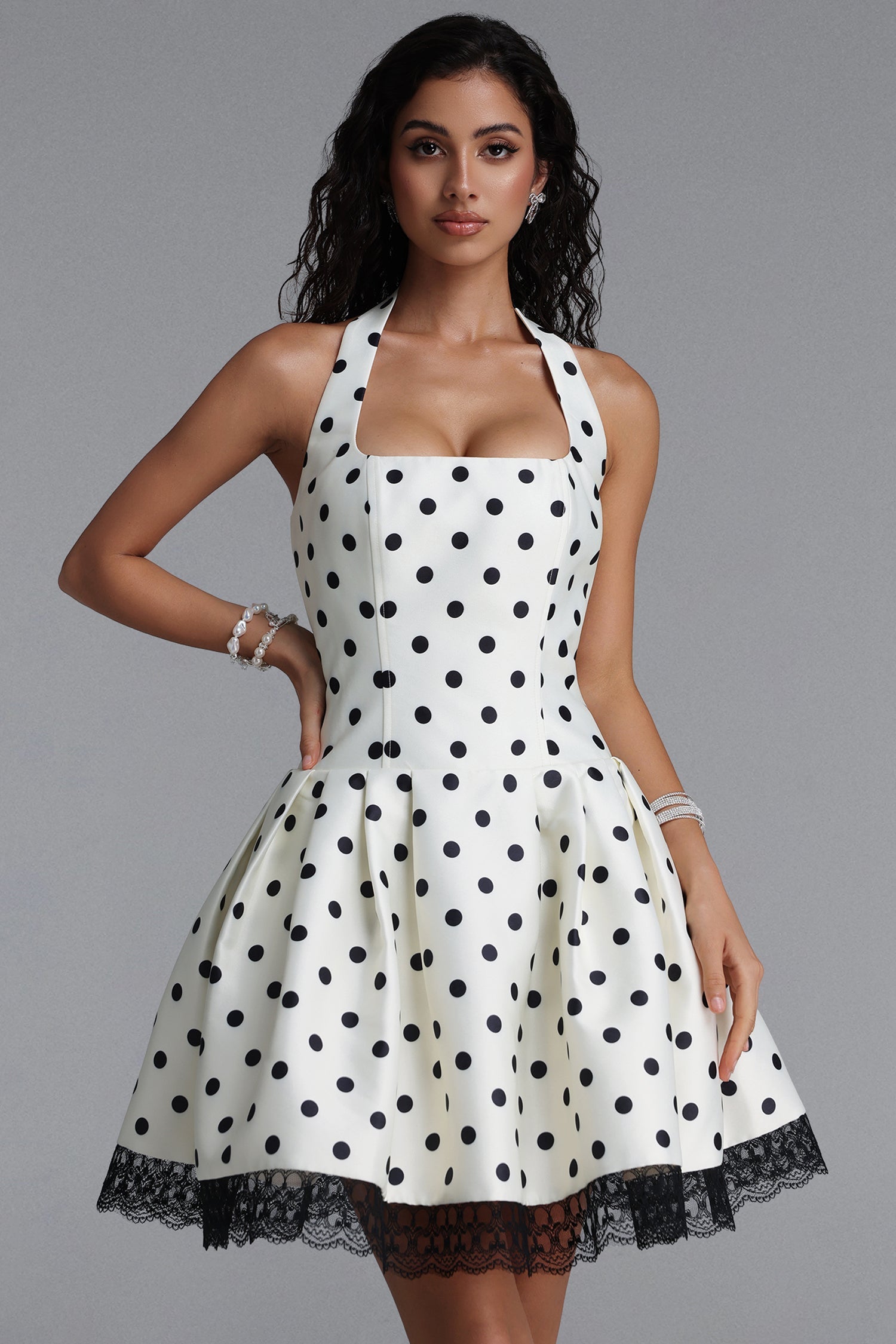 Rizza Classic Tailored Square Neck Lace Trimmed Polka DotWoven Mini Dress D260205105