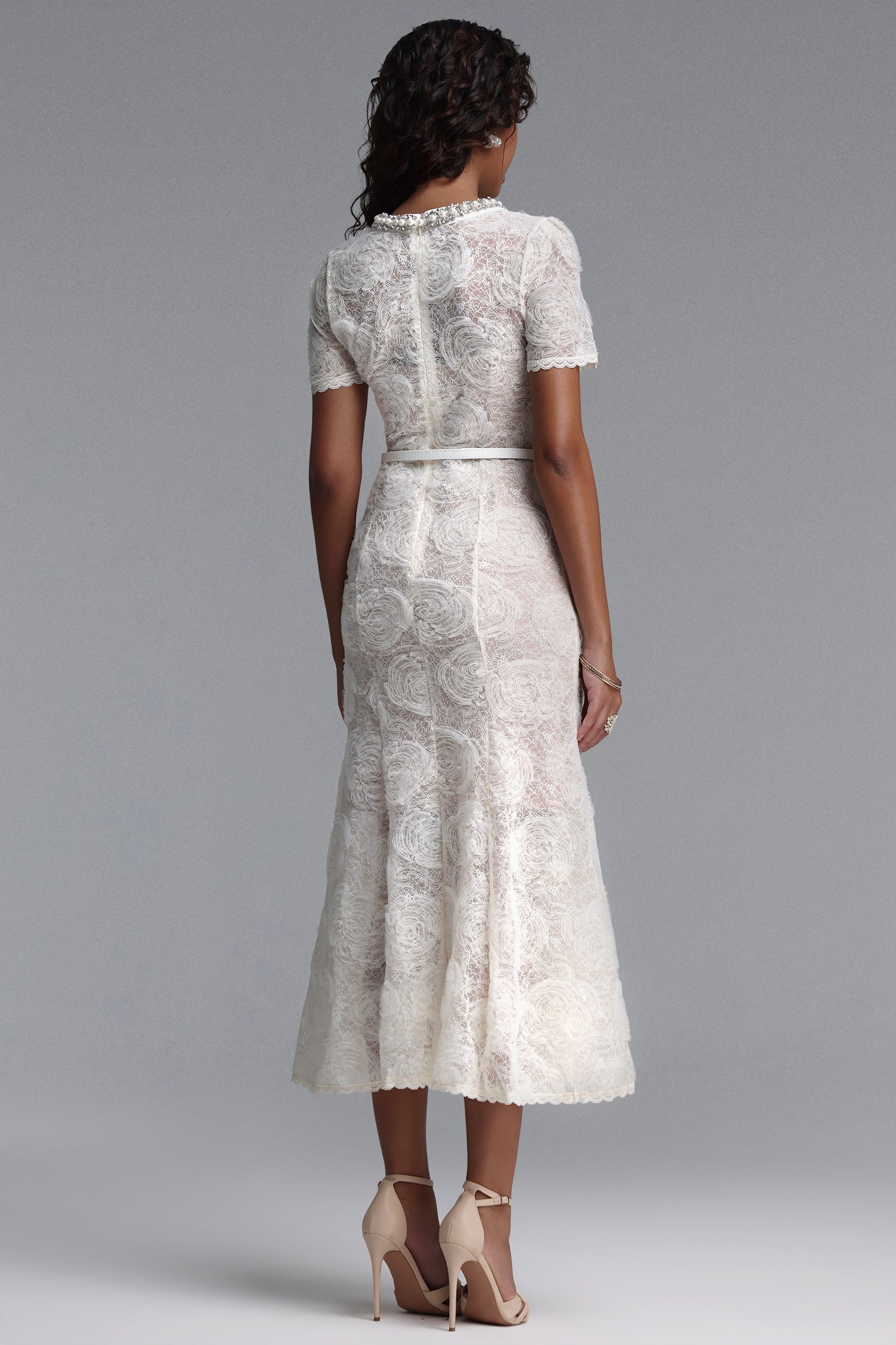 Shaylah Classic Tailored Short Sleeve Floral Pearl Rhinestone Woven Maxi Dress C260600189