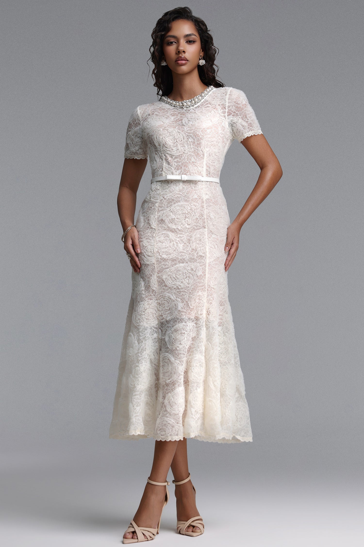 Shaylah Classic Tailored Short Sleeve Floral Pearl Rhinestone Woven Maxi Dress C260600189