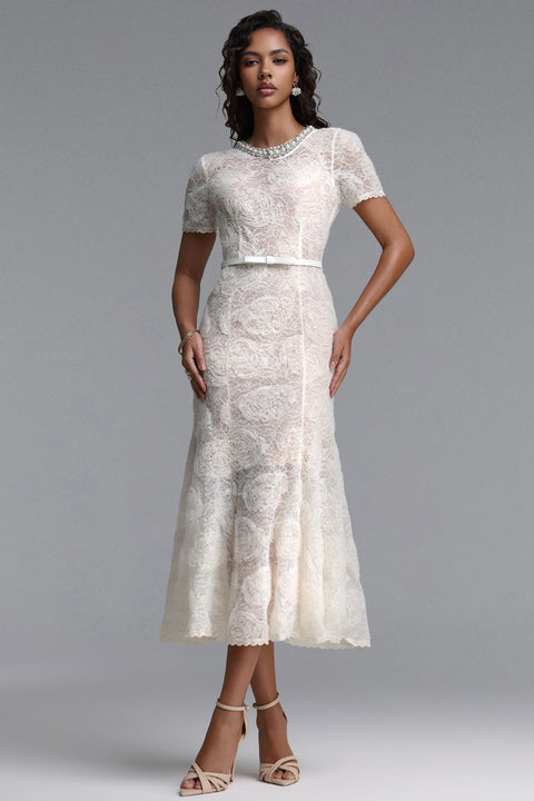 Shaylah Classic Tailored Short Sleeve Floral Pearl Rhinestone Woven Maxi Dress by Bella Barnett
