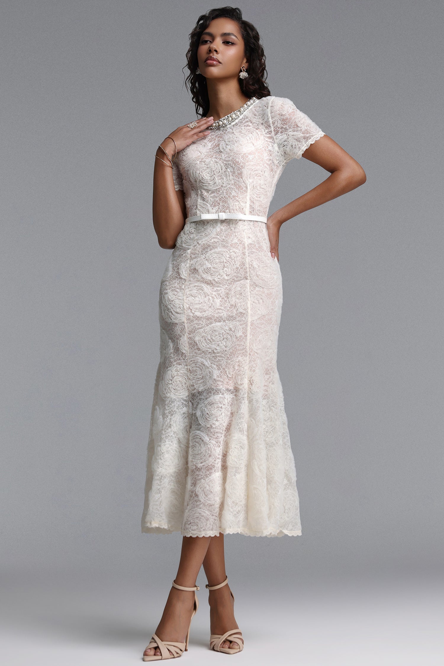 Shaylah Classic Tailored Short Sleeve Floral Pearl Rhinestone Woven Maxi Dress C260600189