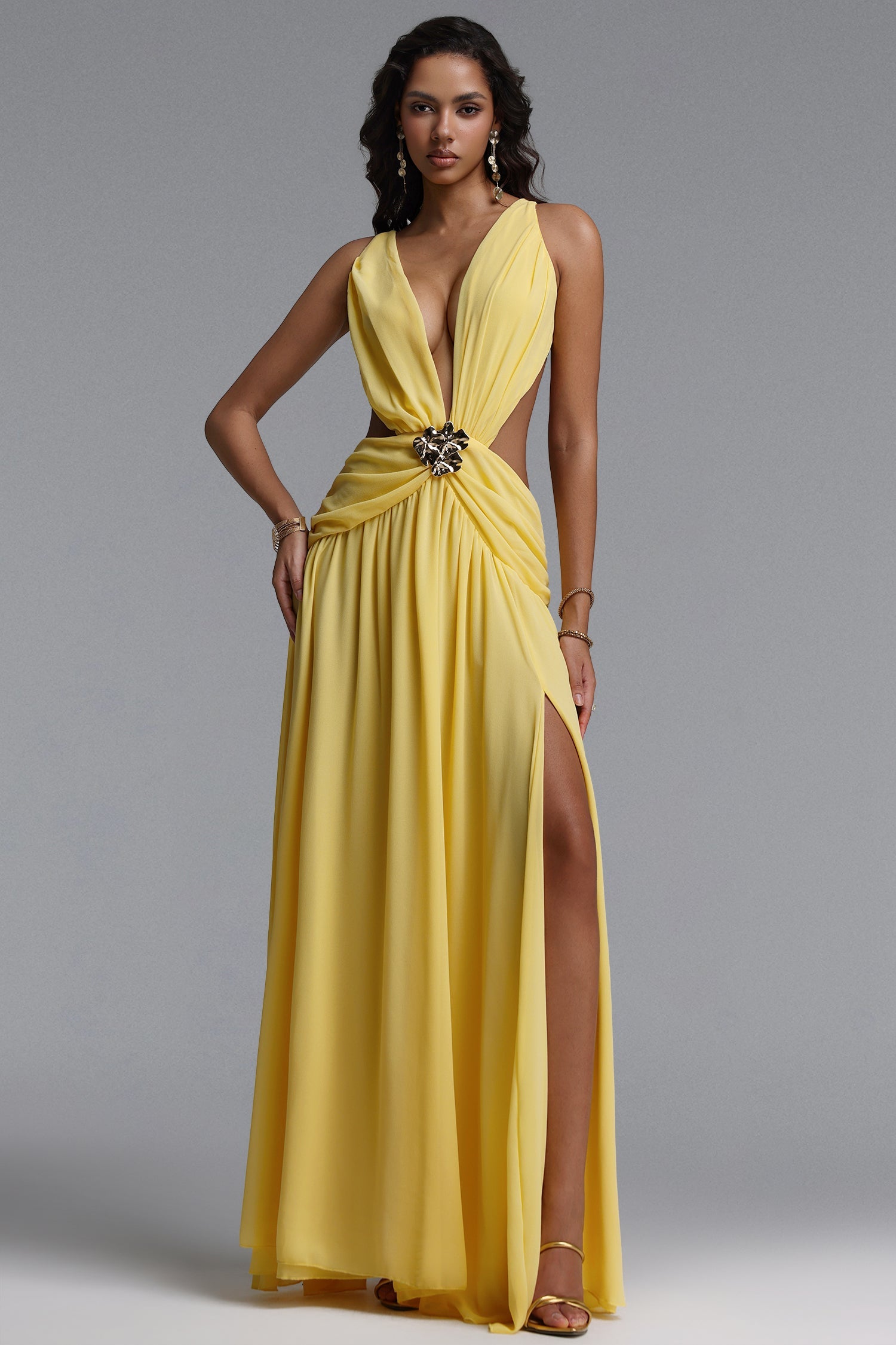 Ivanna Resort Flowy V Neck Sleeveless Slit Woven Maxi Dress C260600152