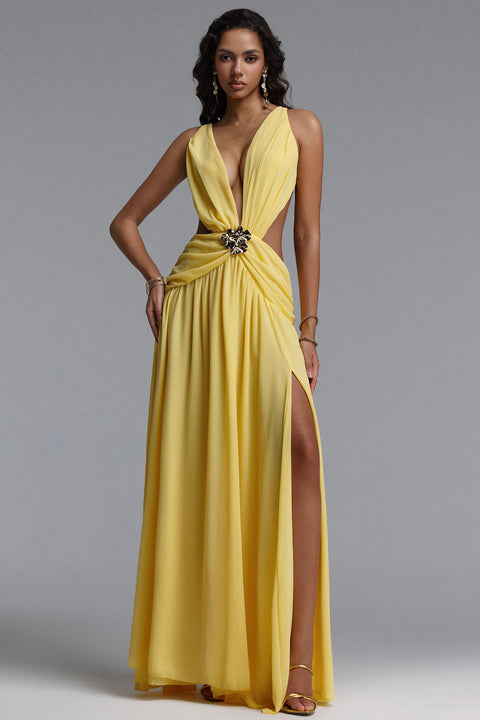 Ivanna Resort Flowy V Neck Sleeveless Slit Woven Maxi Dress by Bella Barnett
