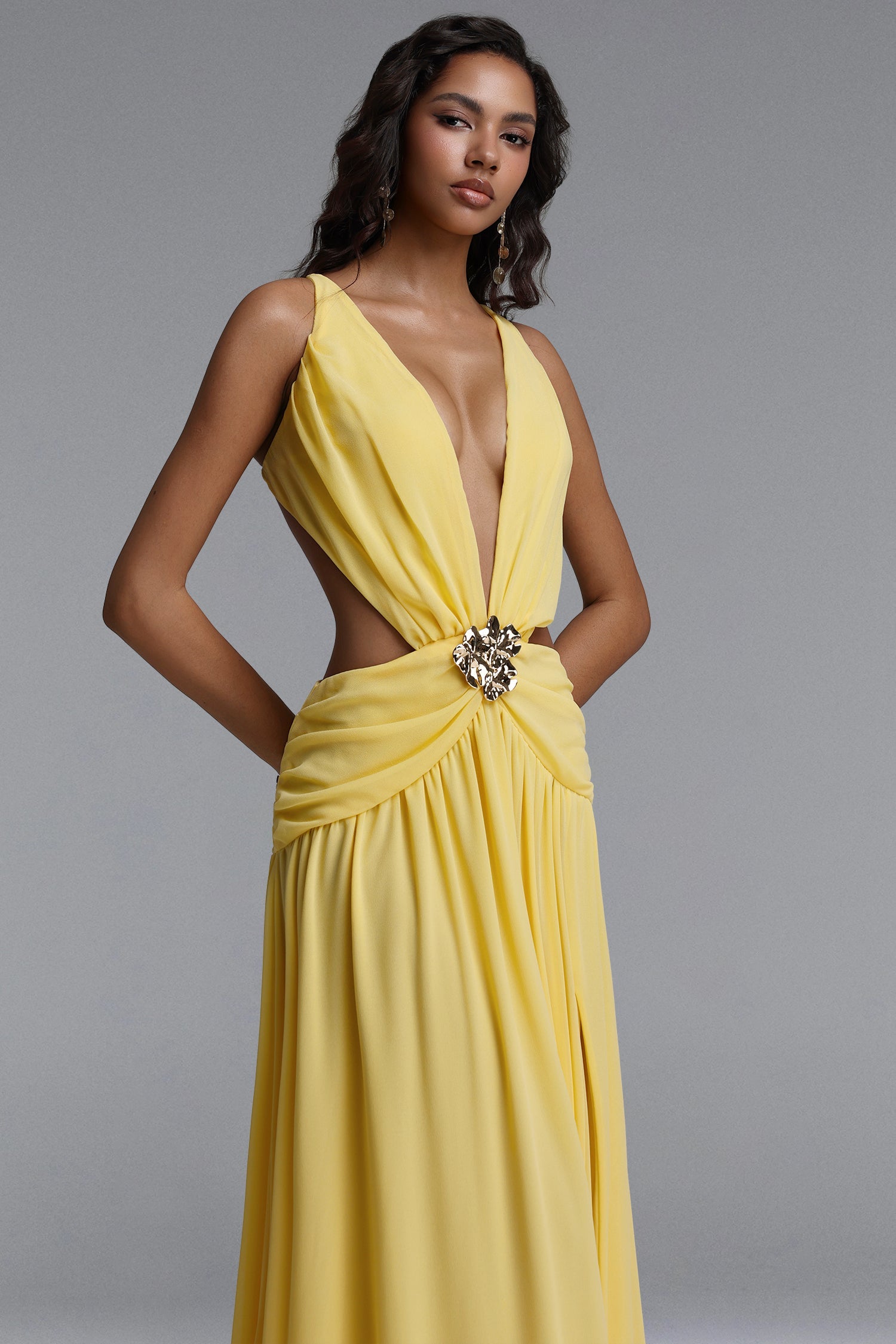 Ivanna Resort Flowy V Neck Sleeveless Slit Woven Maxi Dress C260600152