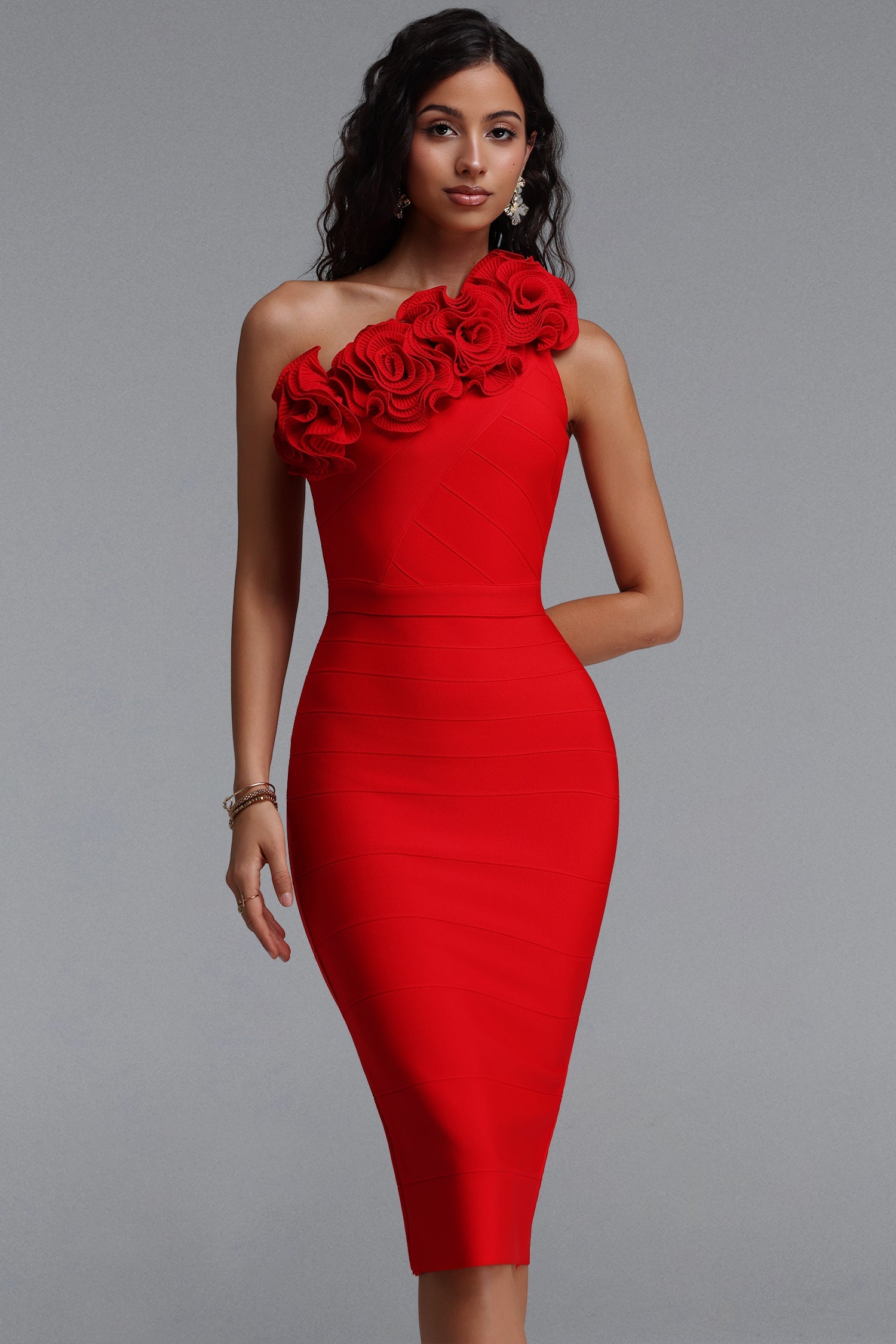 Uiala Elegant Slim Fit Floral One Shoulder Bandage Maxi Dress D260701231