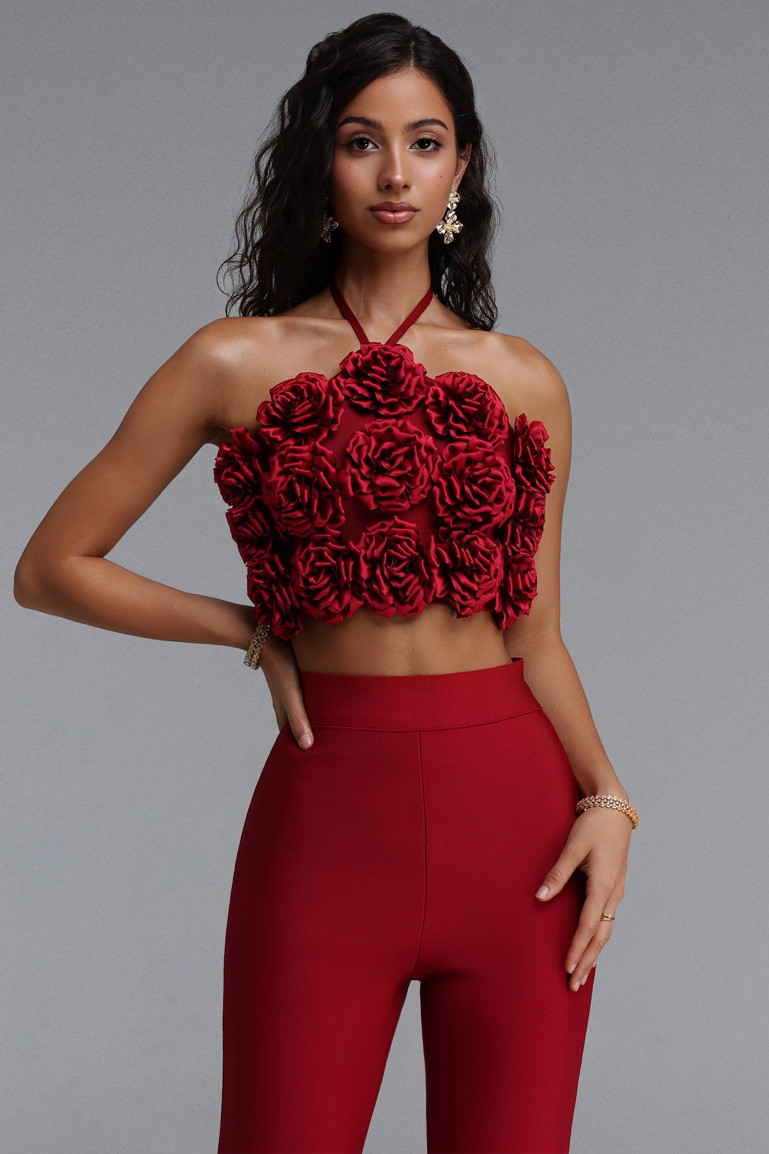 Ferean Stylish Halter Floral Mini Top And Slim Bandage Pants Two-Piece Set D260701219