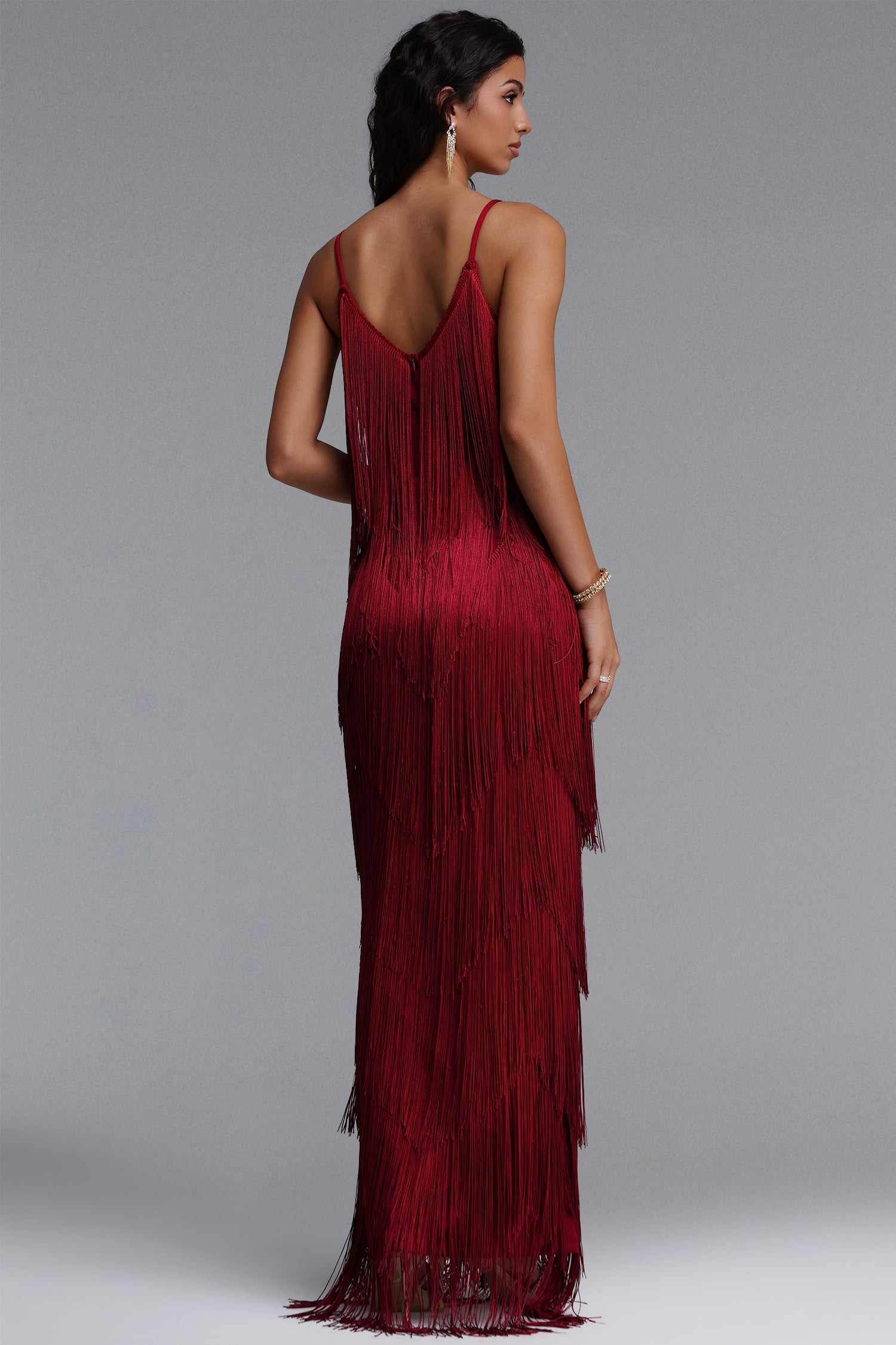 Alex Classic Contour V Neck Layered Fringe Bandage Red Maxi Dress D260501348