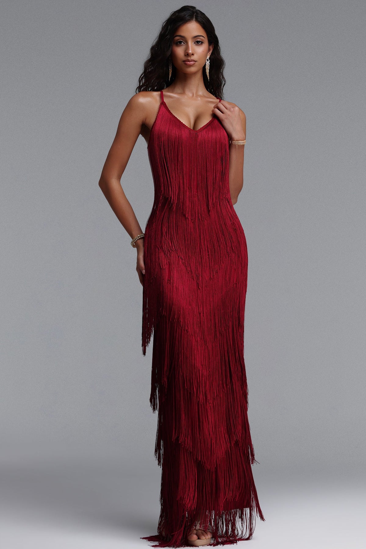 Alex Classic Contour V Neck Layered Fringe Bandage Red Maxi Dress D260501348