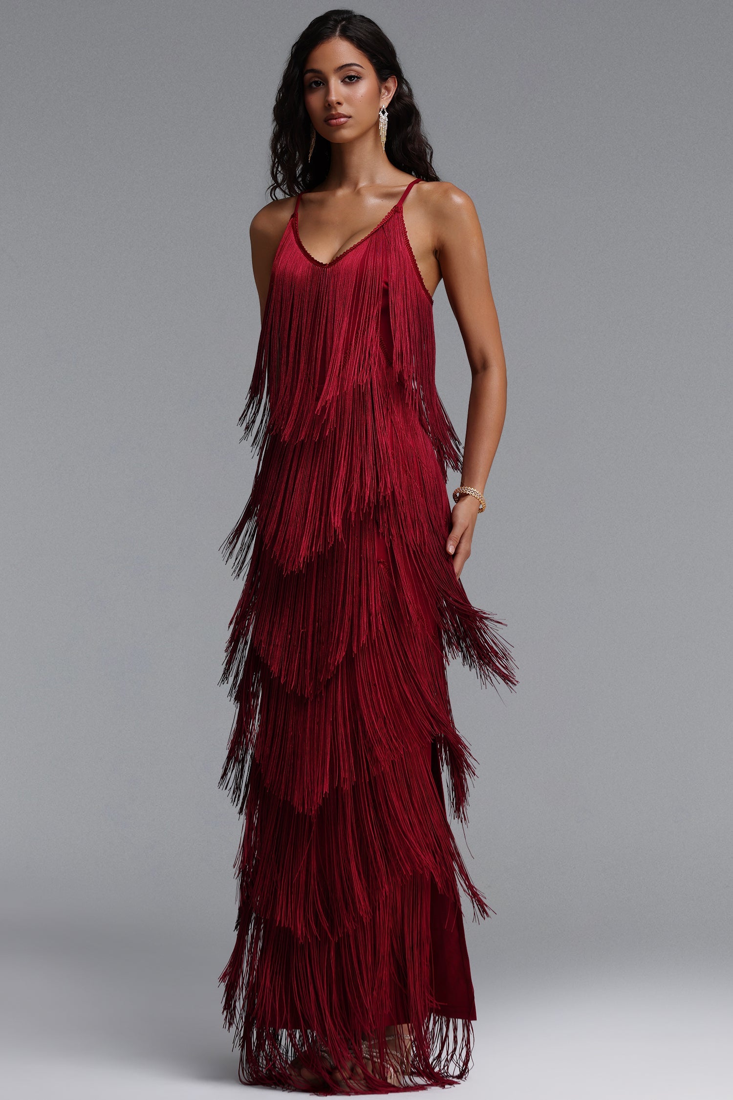 Alex Classic Contour V Neck Layered Fringe Bandage Red Maxi Dress D260501348