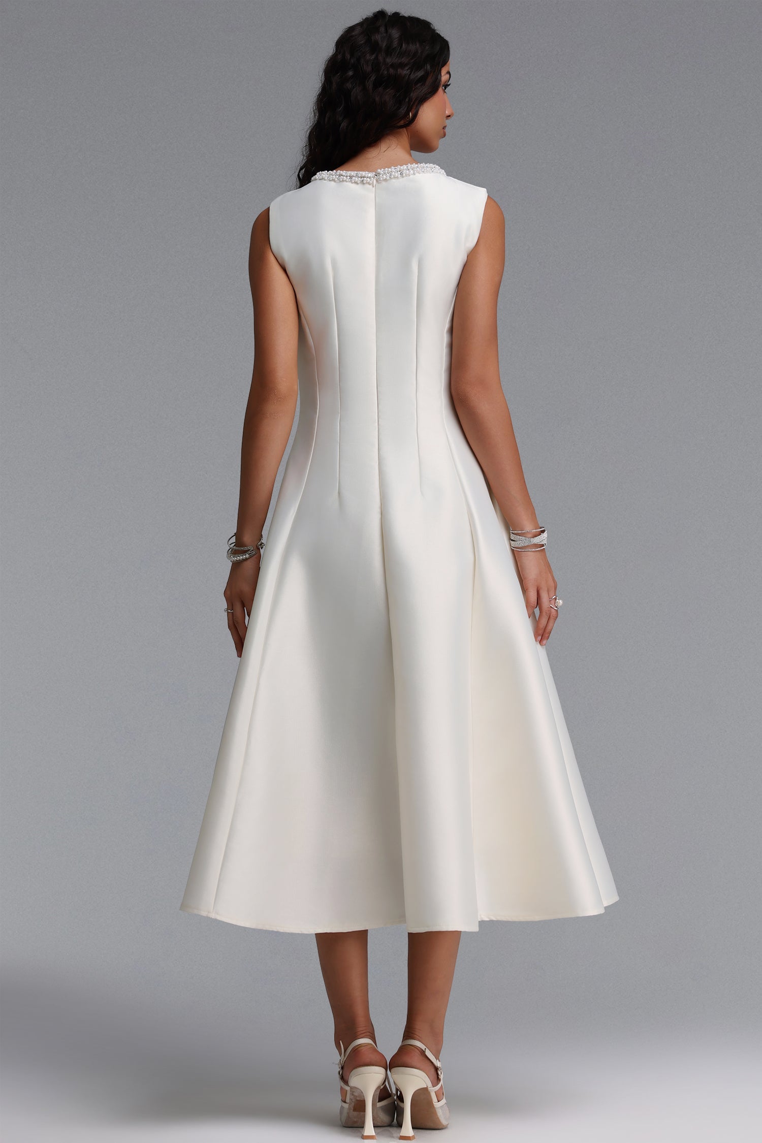 Velma Minimalist Cinched-Waist Sleeveless Pearl Rhinestone A-Line Maxi Dress D260701214
