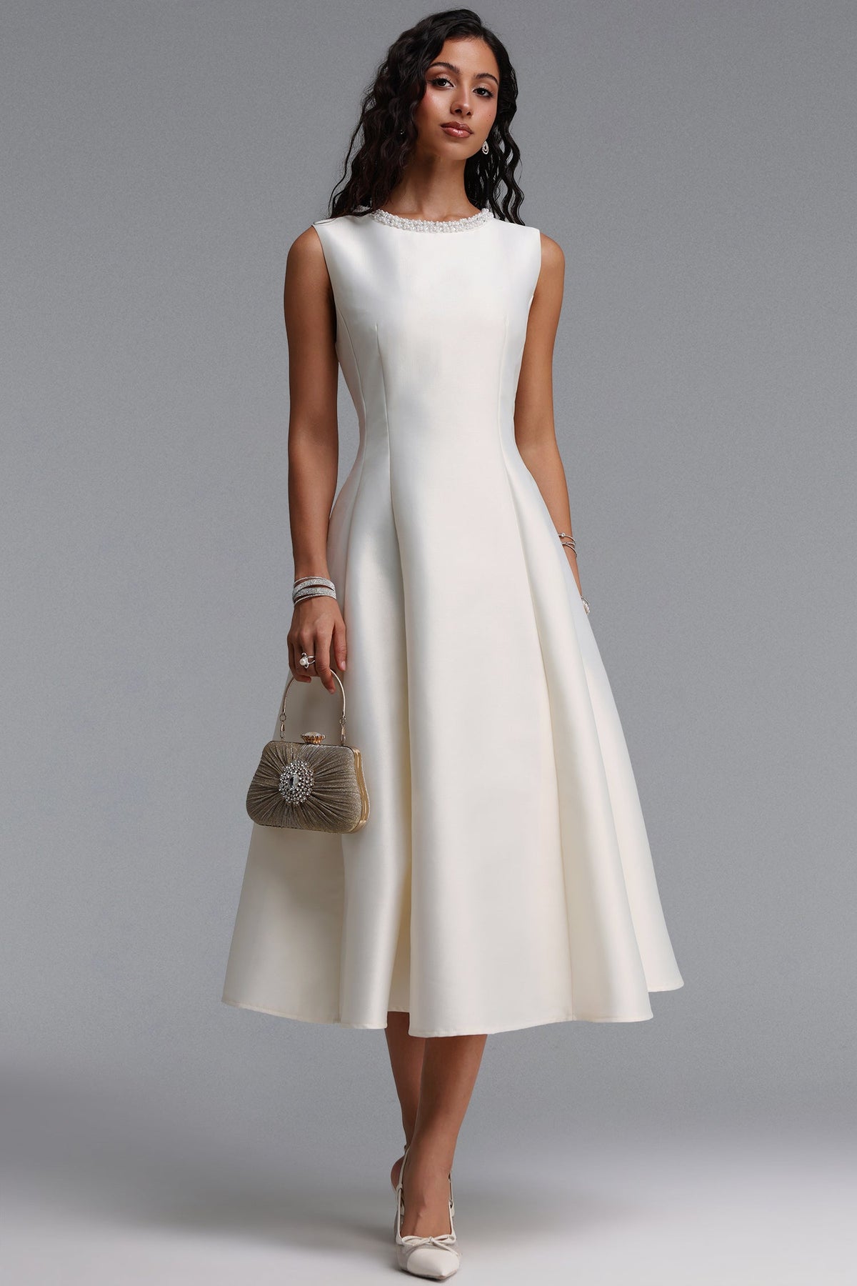 Velma Minimalist Cinched-Waist Sleeveless Pearl Rhinestone A-Line Maxi Dress D260701214