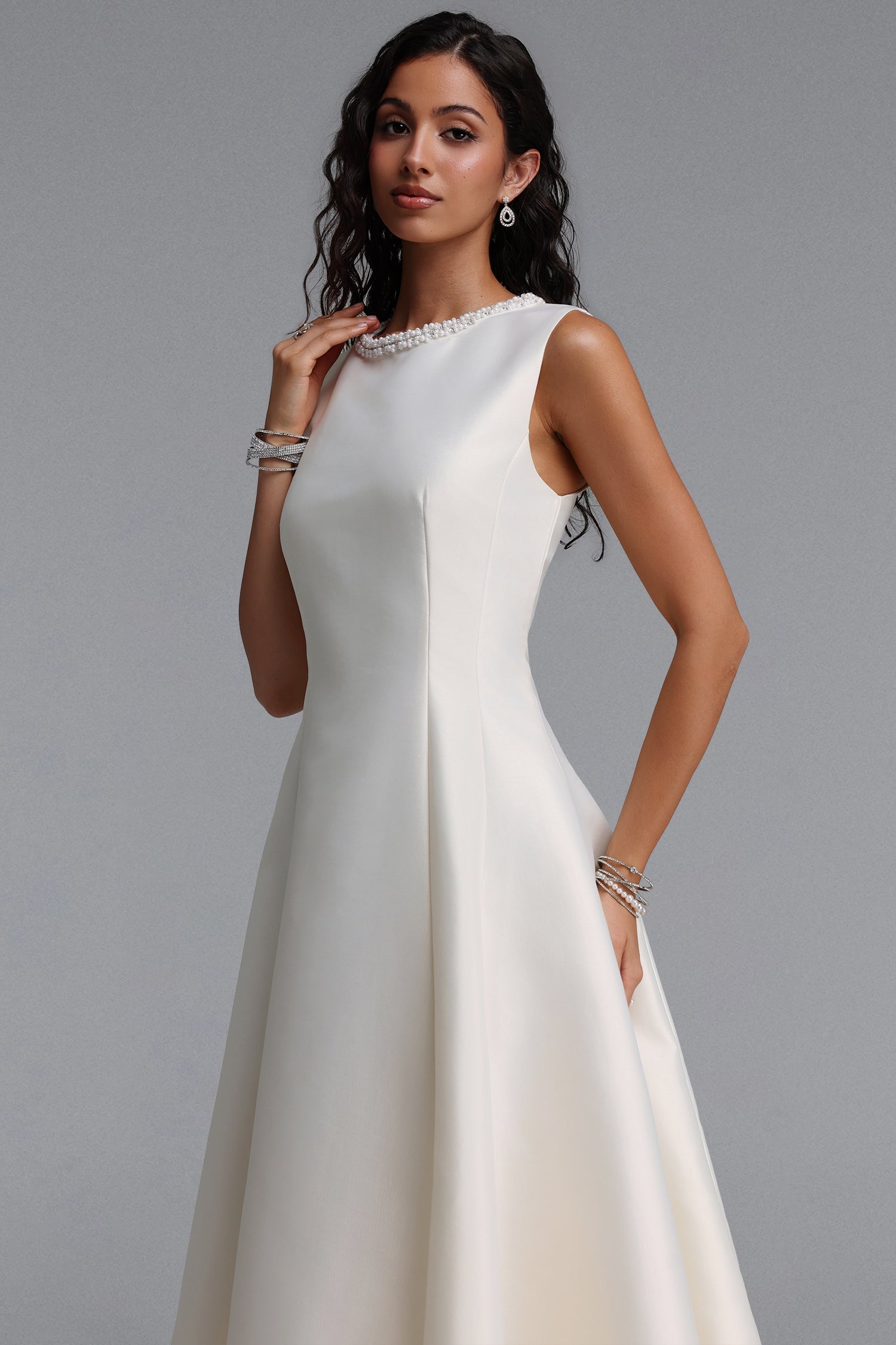Velma Minimalist Cinched-Waist Sleeveless Pearl Rhinestone A-Line Maxi Dress D260701214