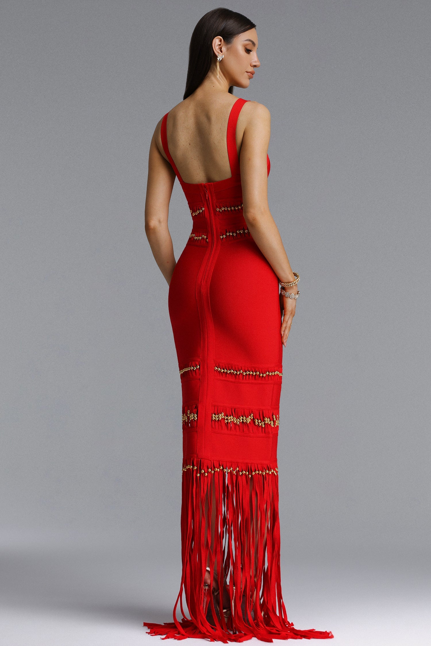 Shanley Chic Contour Sleeveless Beaded Fringe Red Bandage Maxi Dress D260301217