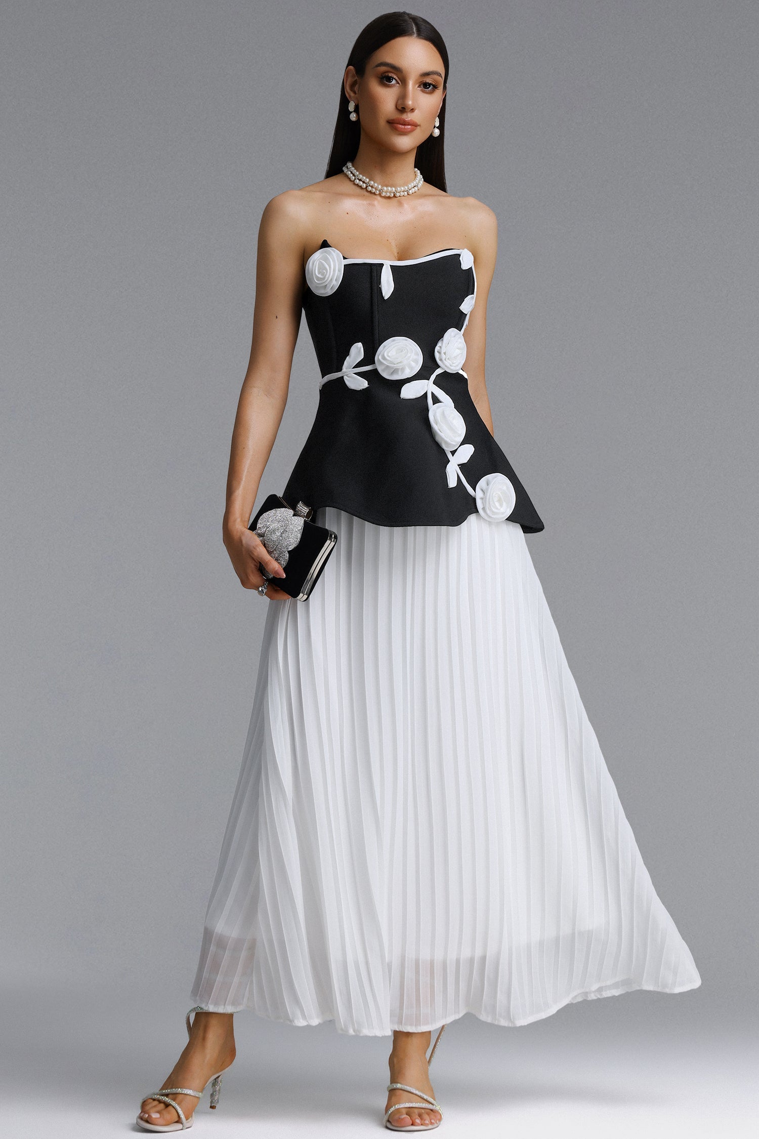 Niavia Elegant Strapless Floral Pleated Bandage Maxi Dress D260701330