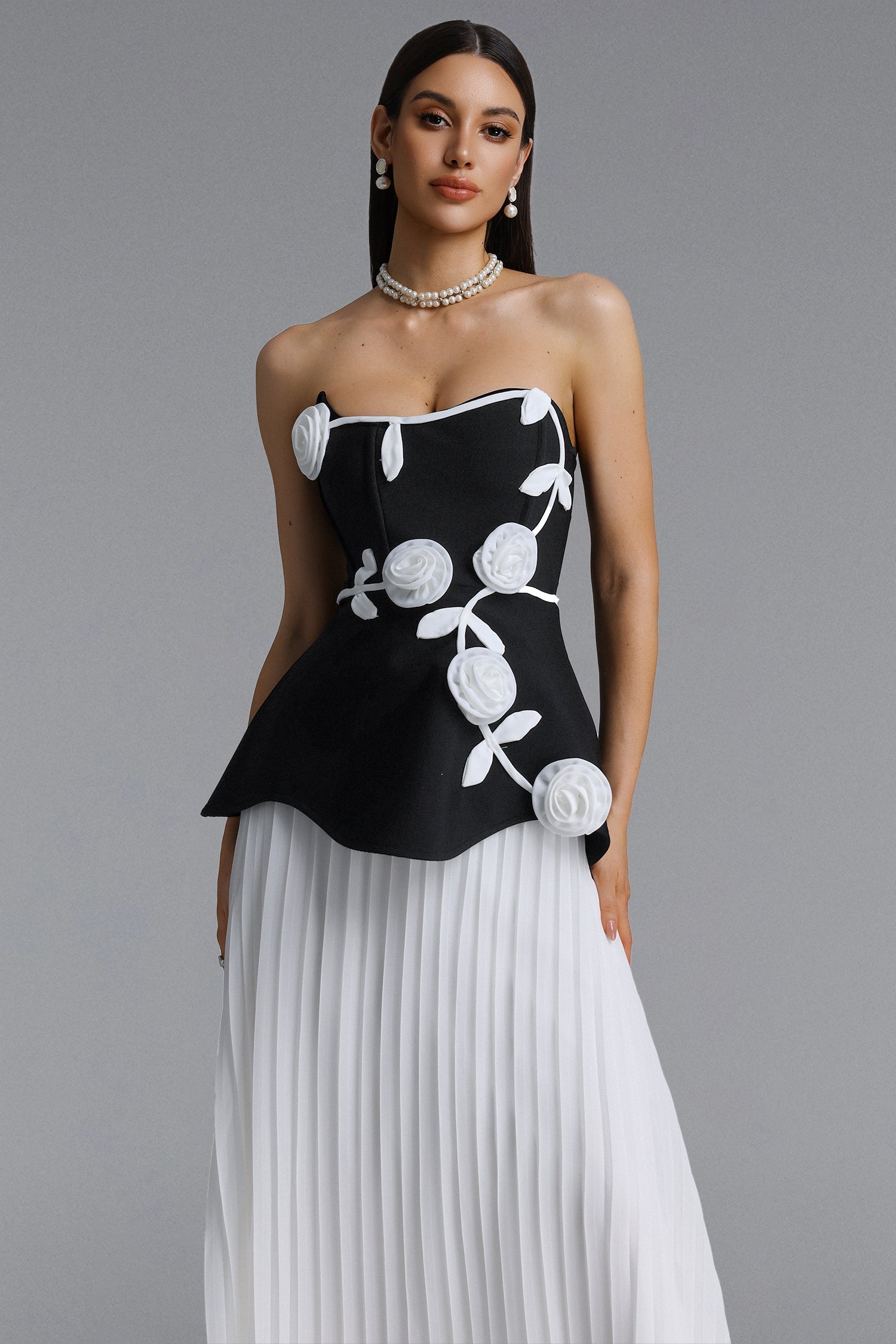 Niavia Elegant Strapless Floral Pleated Bandage Maxi Dress D260701330