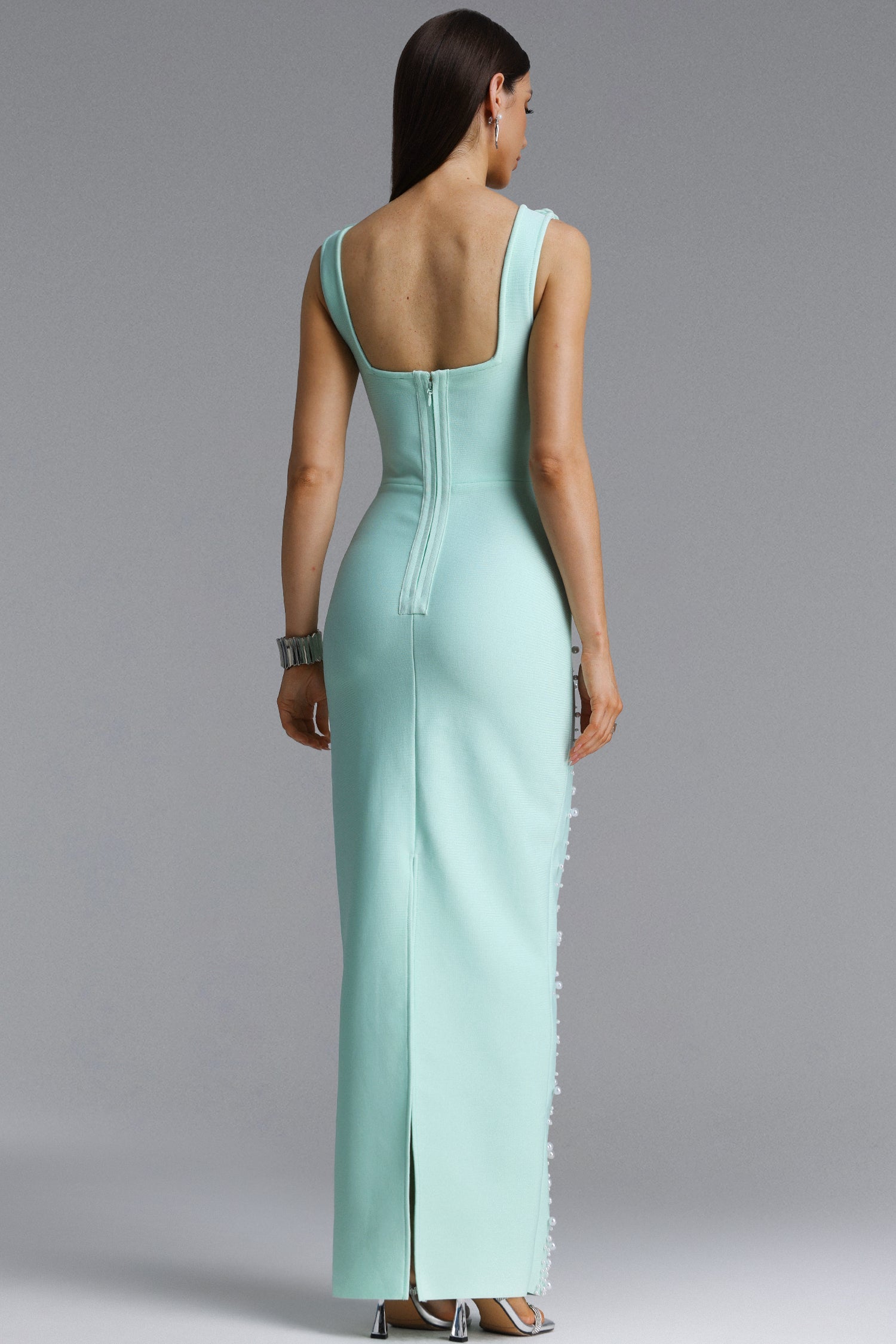 Shea Elegant Contour Square Neck Floral Pearl Bandage Green Maxi Dress D260301431