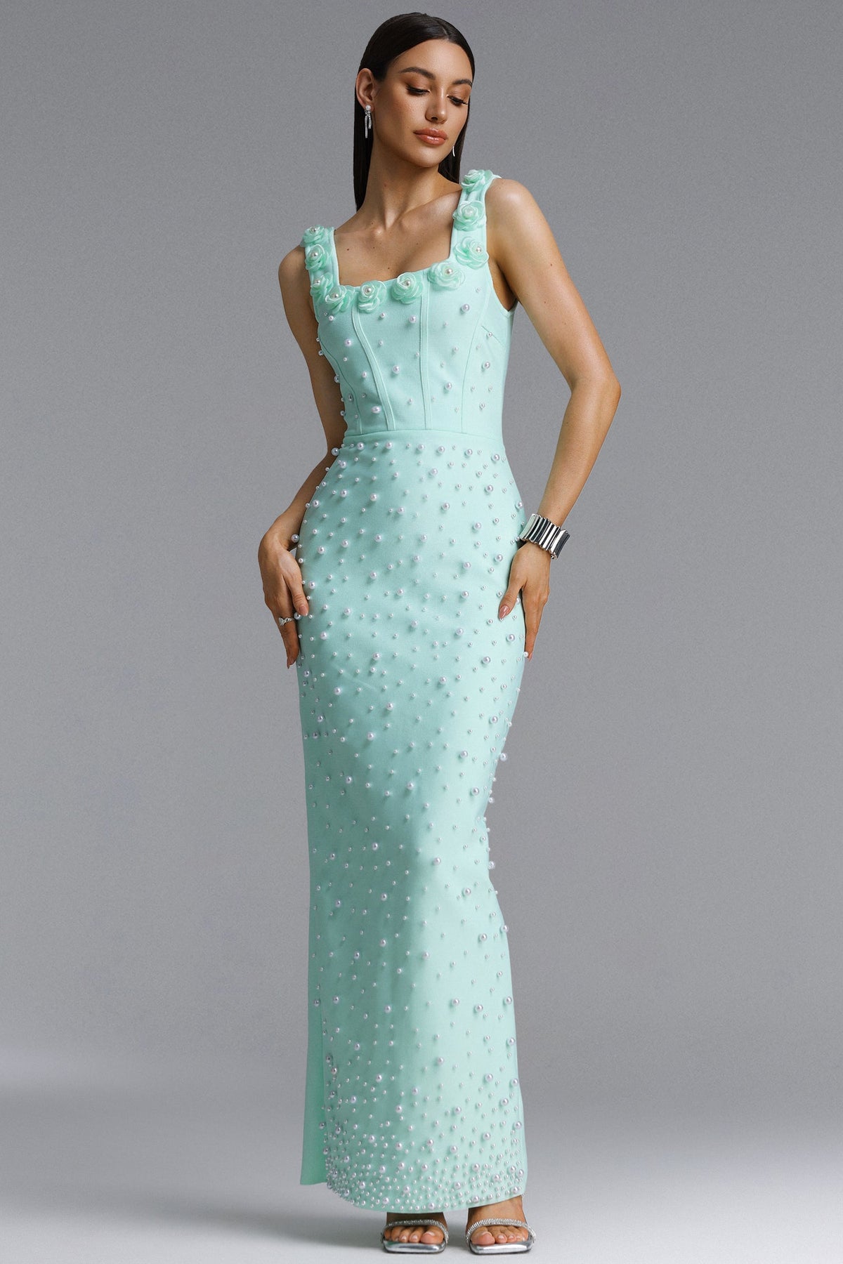 Shea Elegant Contour Square Neck Floral Pearl Bandage Green Maxi Dress D260301431