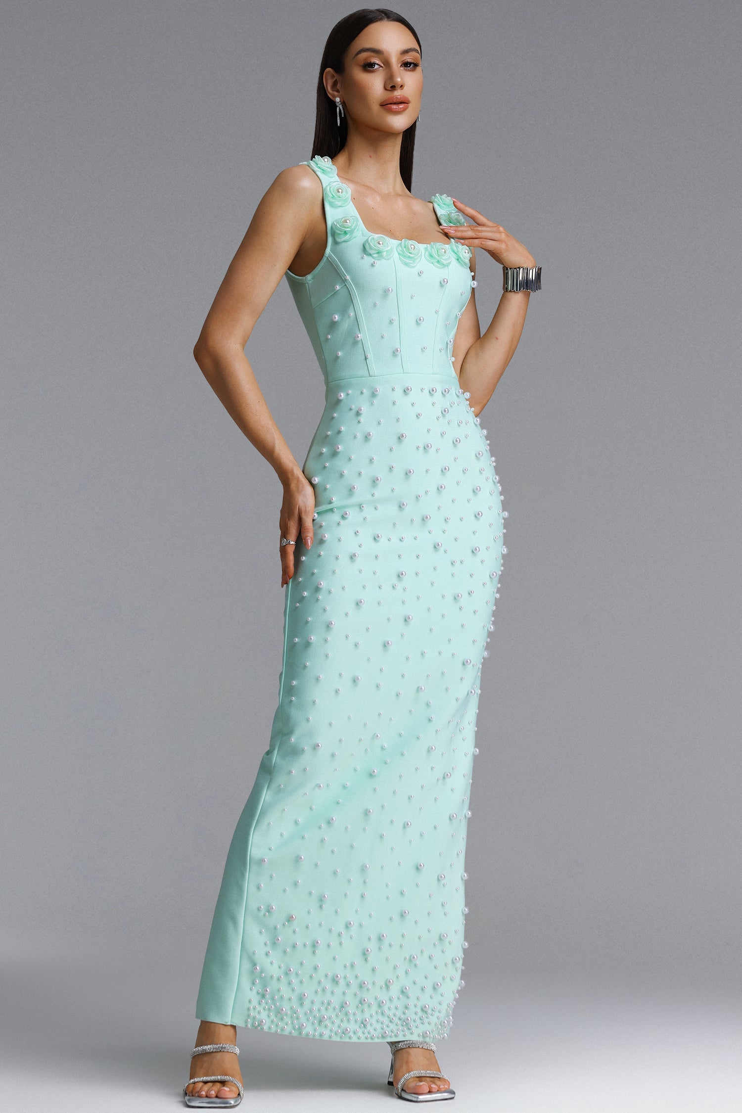 Shea Elegant Contour Square Neck Floral Pearl Bandage Green Maxi Dress D260301431